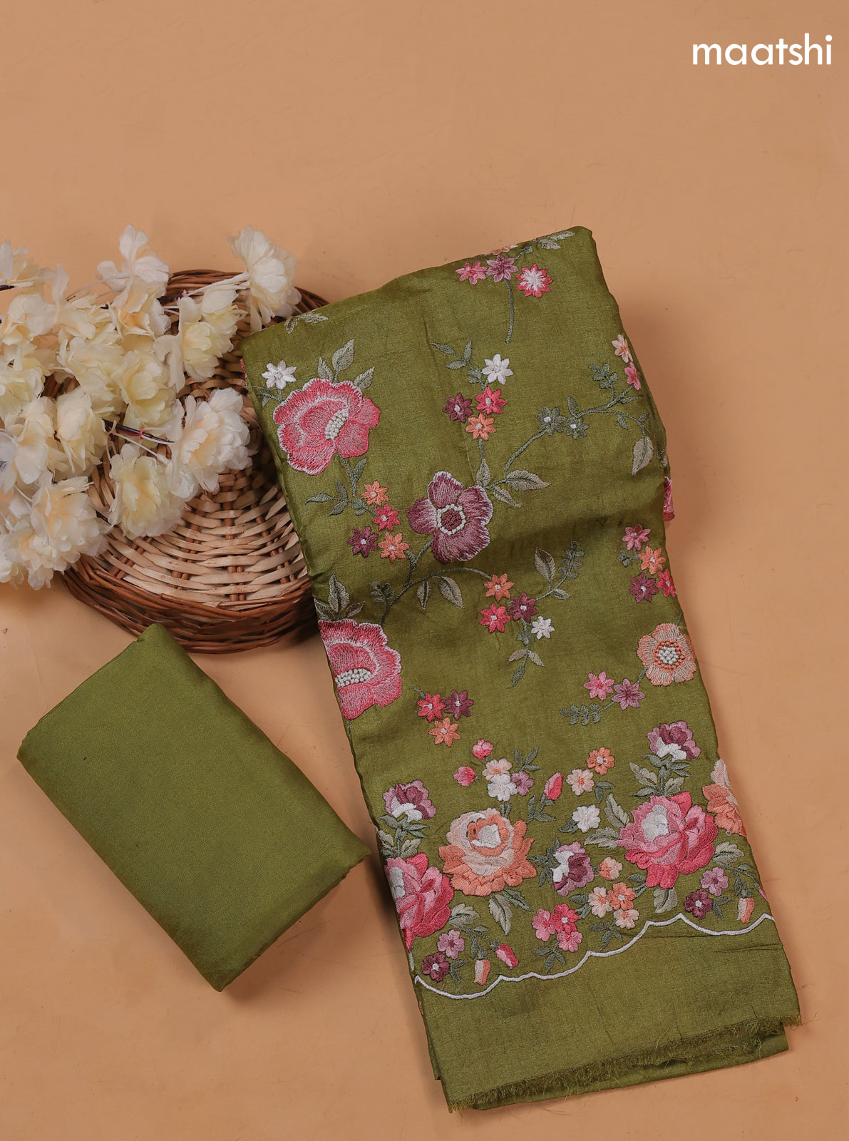 Green Pure Tussar Dress Material With Floral Embroidery Work Pattern