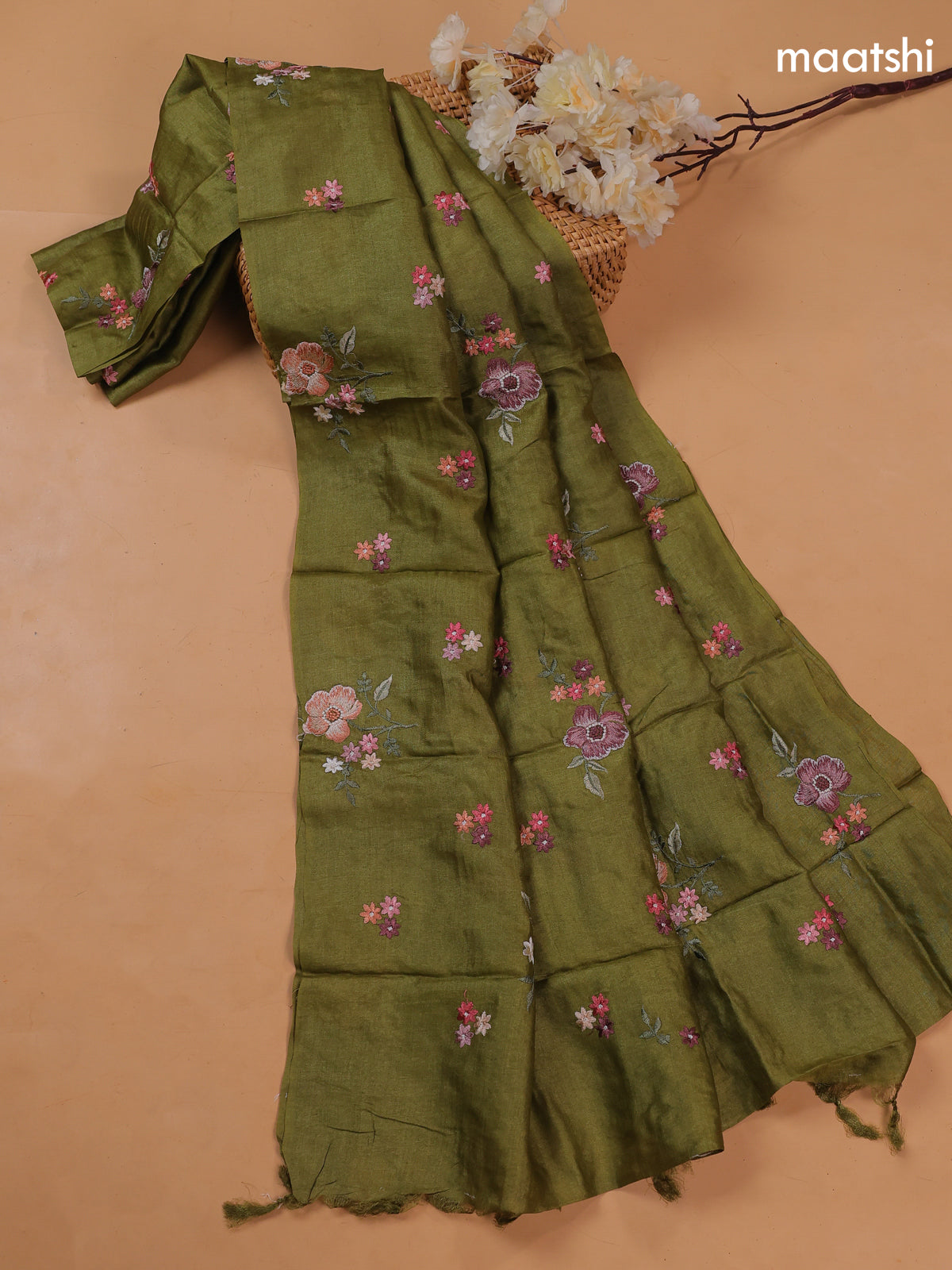 Green Pure Tussar Dress Material With Floral Embroidery Work Pattern