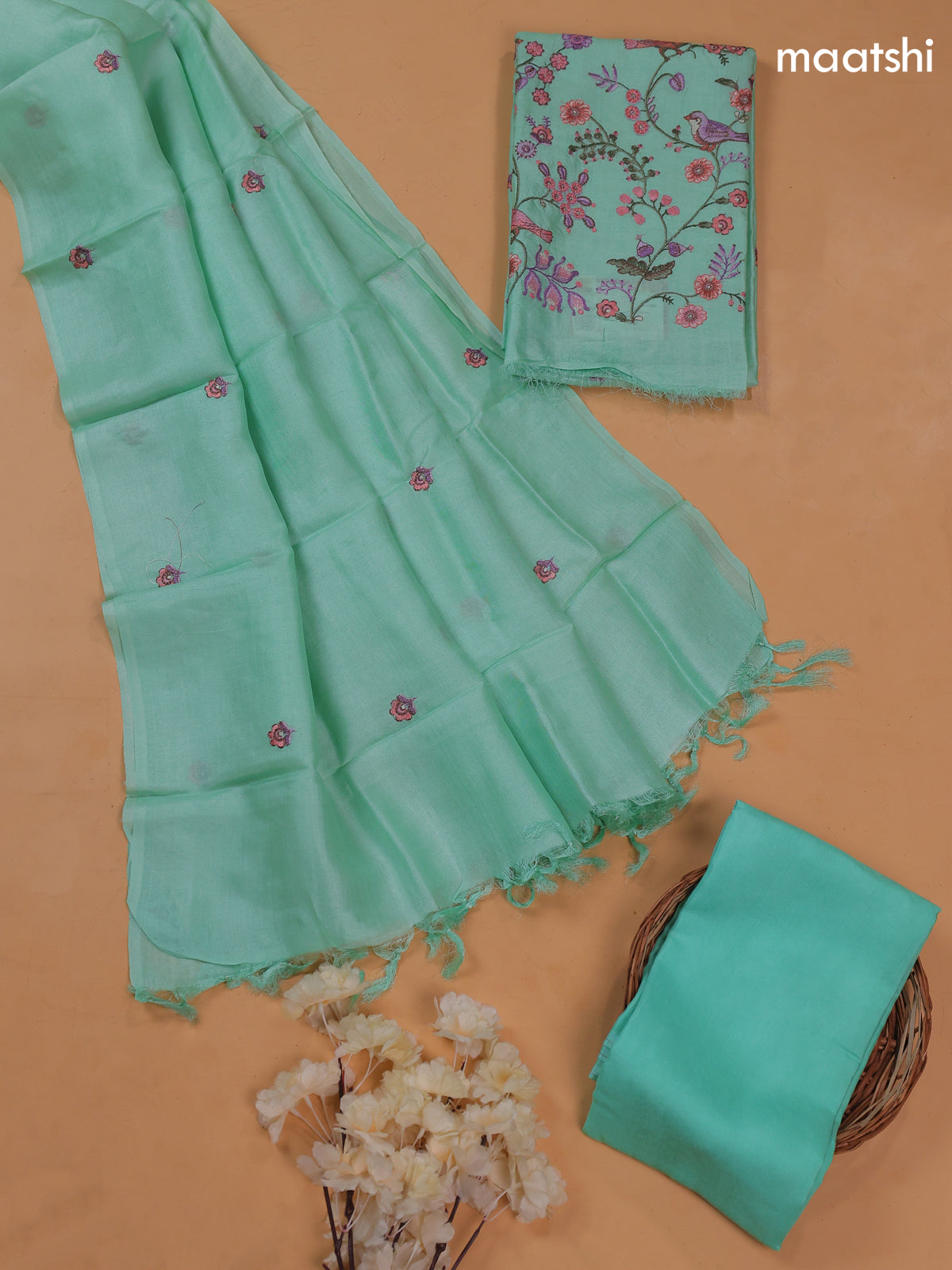 Pastel Blue Pure Tussar Dress Material With Floral Embroidery Work Pattern