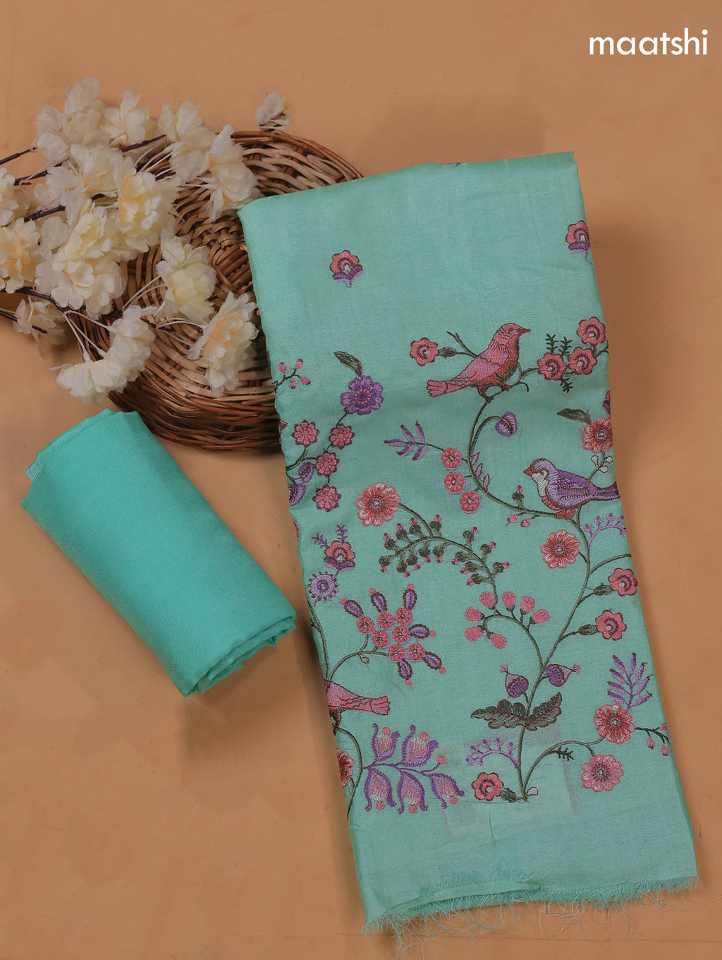Pastel Blue Pure Tussar Dress Material With Floral Embroidery Work Pattern