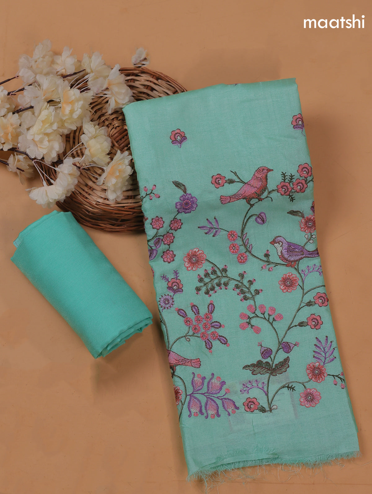 Pastel Blue Pure Tussar Dress Material With Floral Embroidery Work Pattern