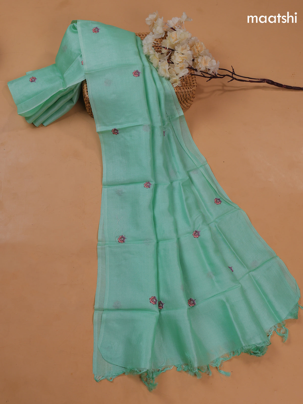 Pastel Blue Pure Tussar Dress Material With Floral Embroidery Work Pattern