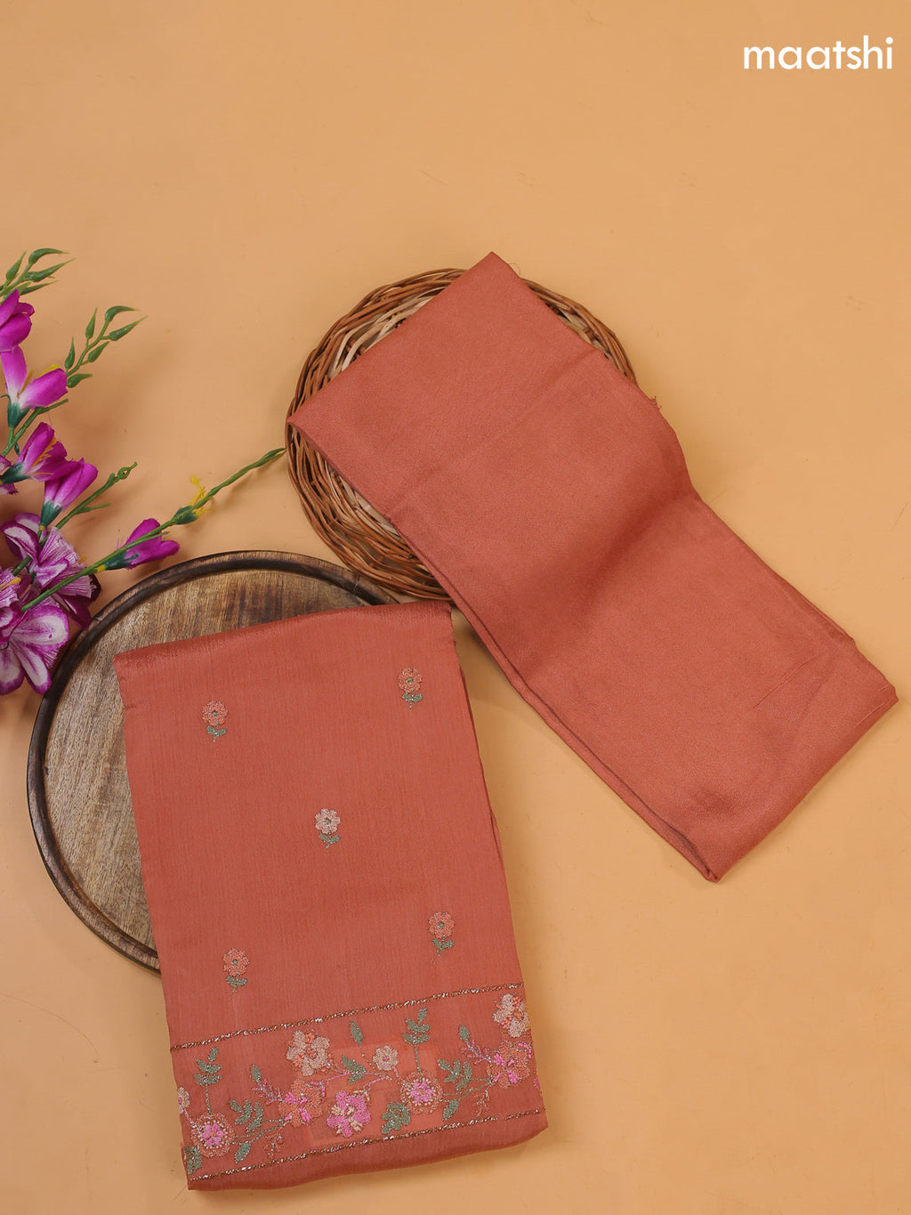 Pastel Brown Organza Dress Material With Embroidery Work Pattern and Bottom & Dupatta