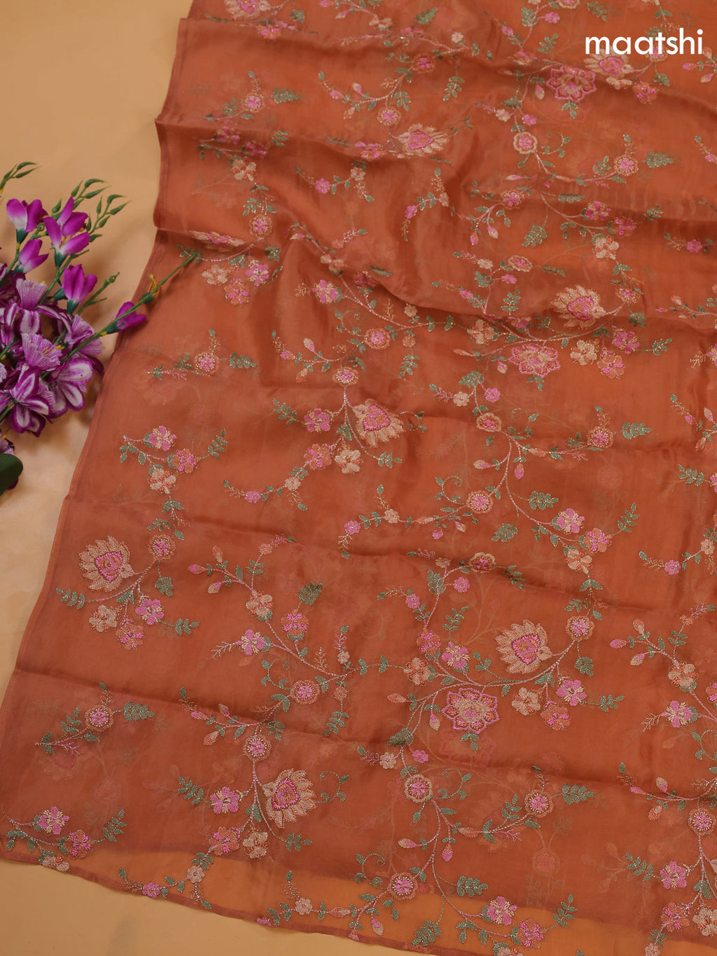 Pastel Brown Organza Dress Material With Embroidery Work Pattern and Bottom & Dupatta