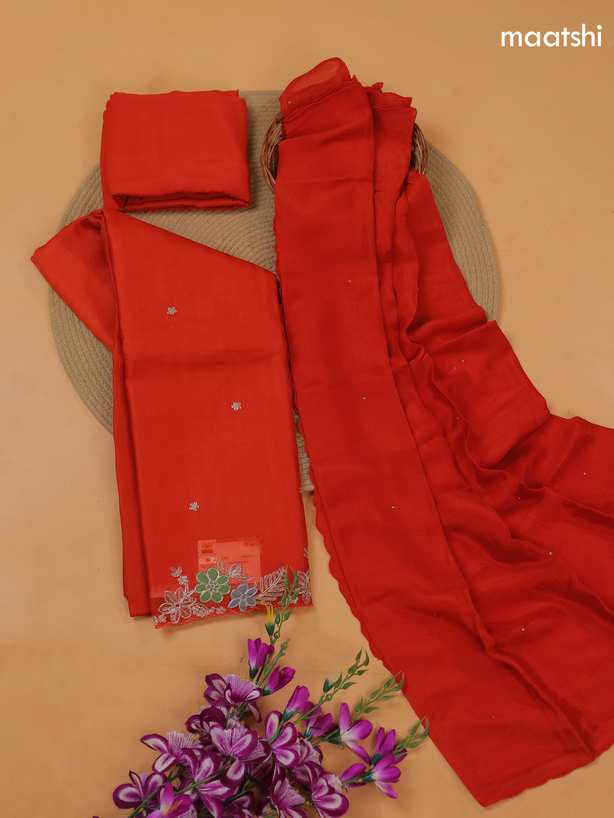 Orange Organza Dress Material With Pitta Word Border and Bottom & Dupatta