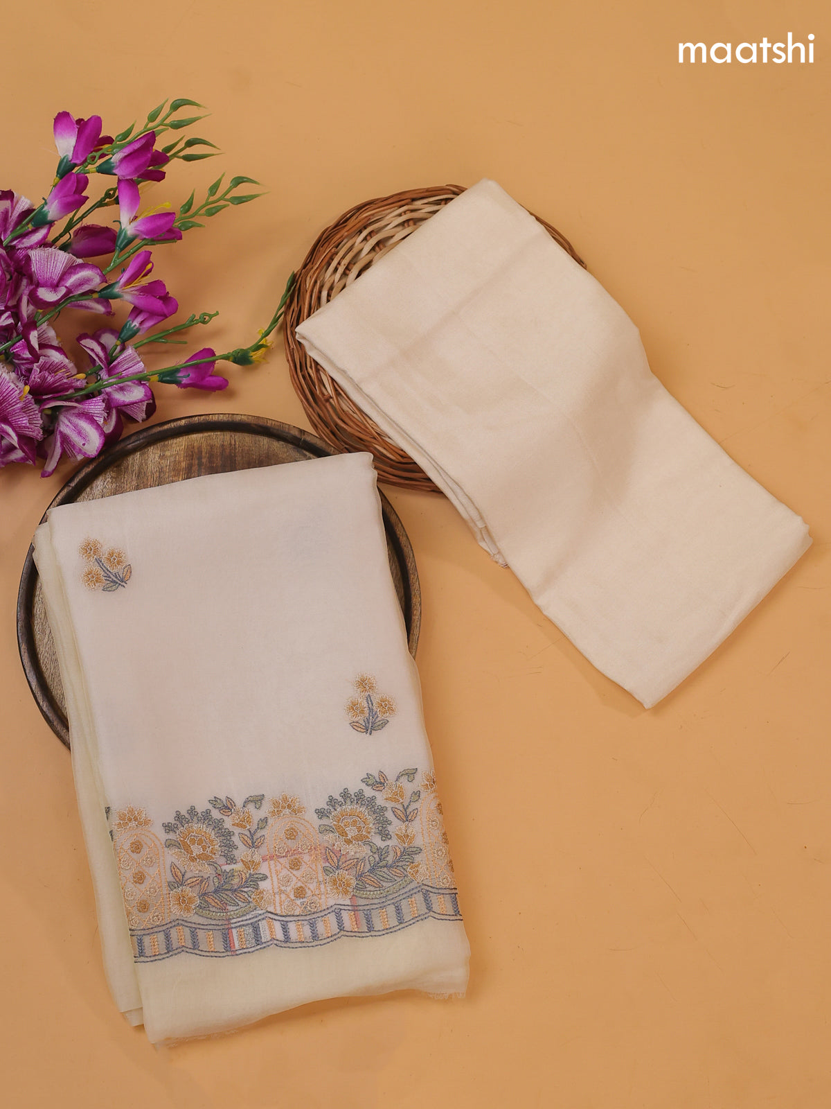 Off White Organza Dress Material With Embroidery Work Pattern and Bottom & Dupatta