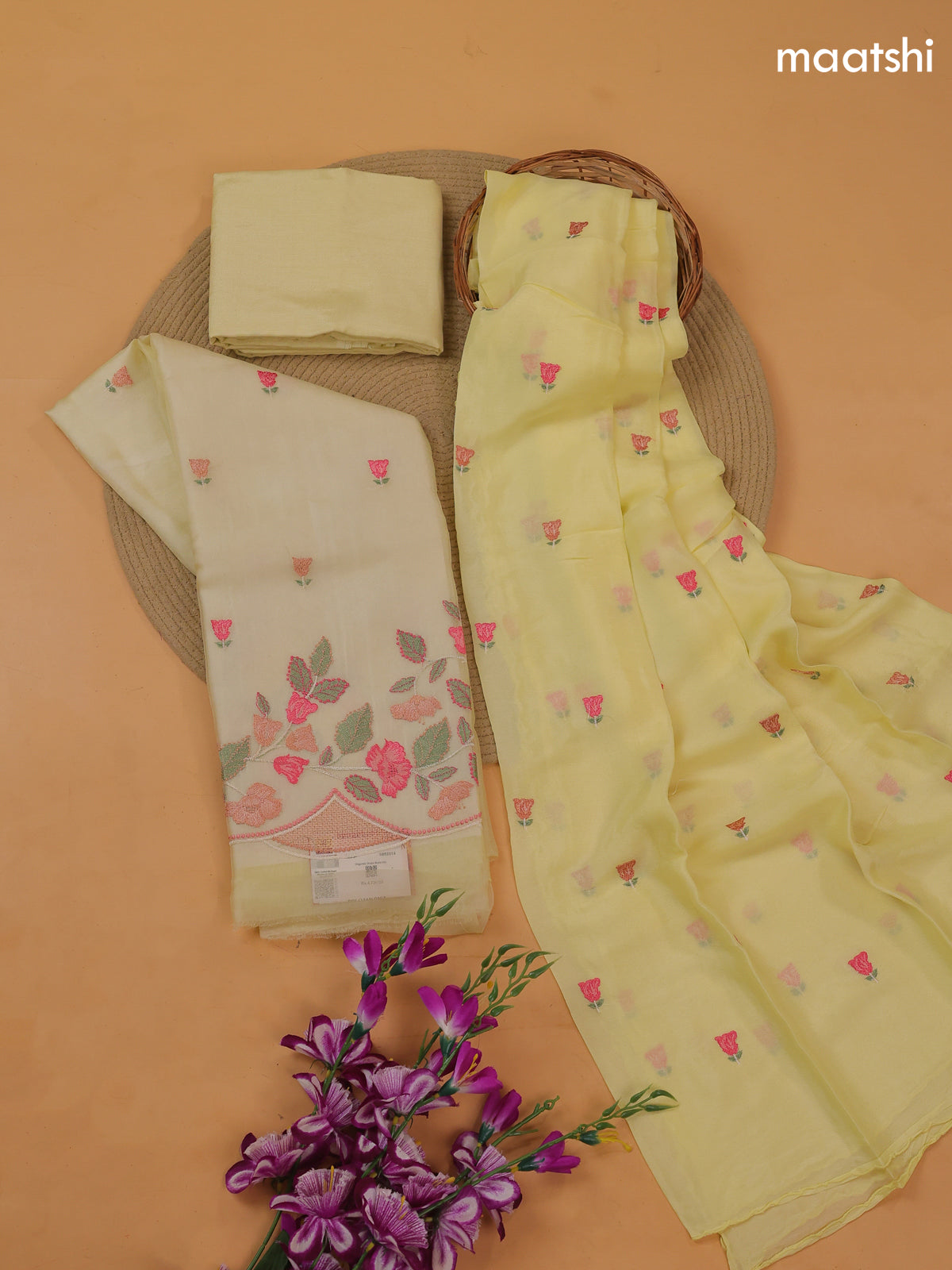 Yellow Organza Dress Material With Embroidery Work Pattern and Bottom & Dupatta