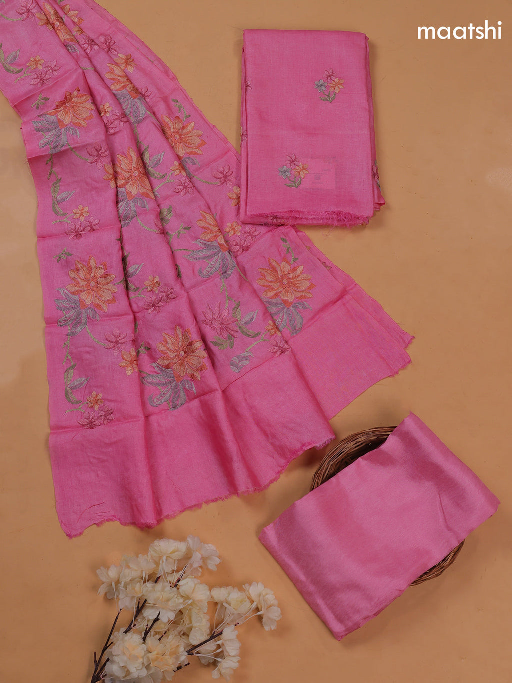 Pink Pure Tussar Dress Material With Floral Embroidery Work Pattern