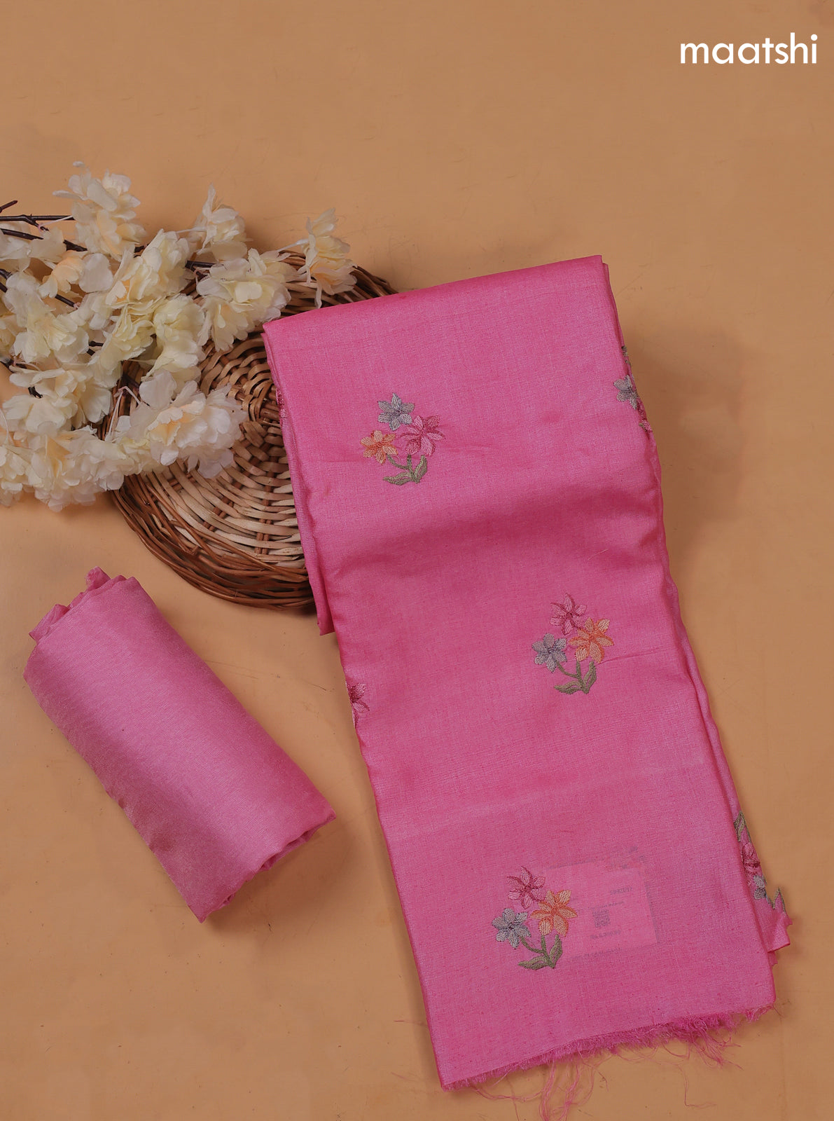 Pink Pure Tussar Dress Material With Floral Embroidery Work Pattern
