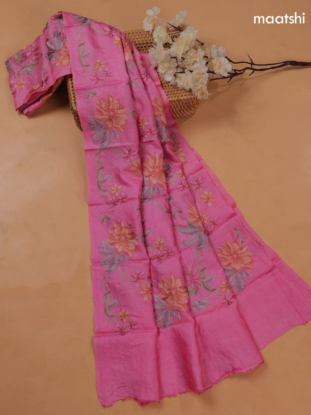 Pink Pure Tussar Dress Material With Floral Embroidery Work Pattern