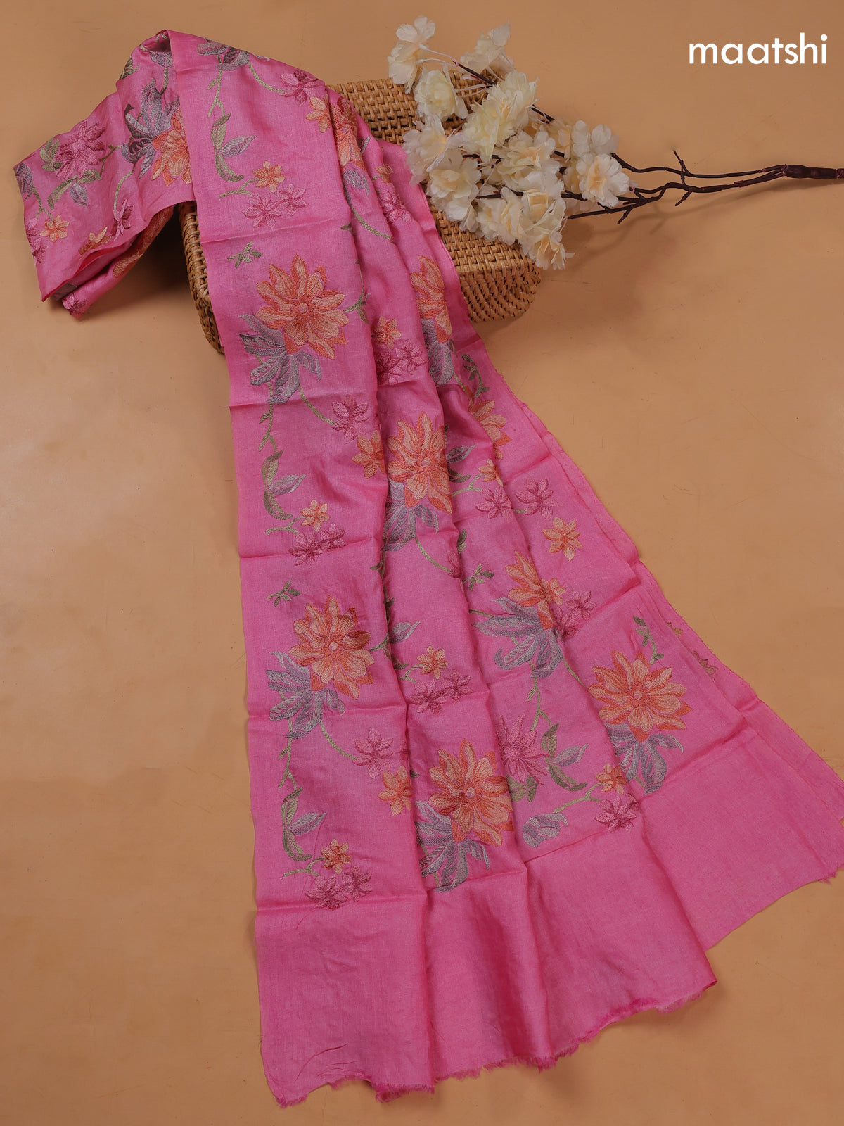 Pink Pure Tussar Dress Material With Floral Embroidery Work Pattern