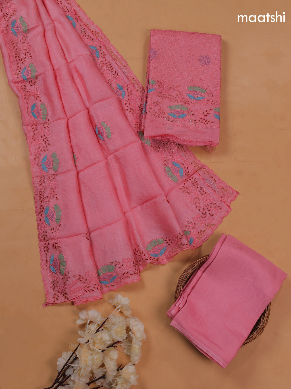 Peach Pink Pure Tussar Dress Material With Floral Embroidery Work Pattern