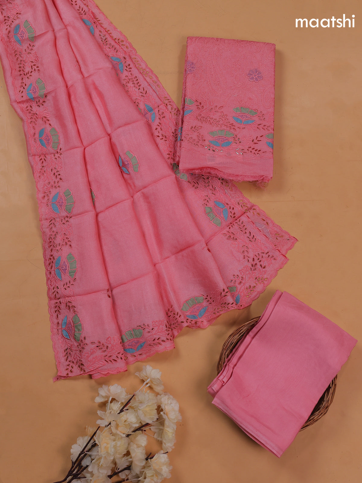 Peach Pink Pure Tussar Dress Material With Floral Embroidery Work Pattern