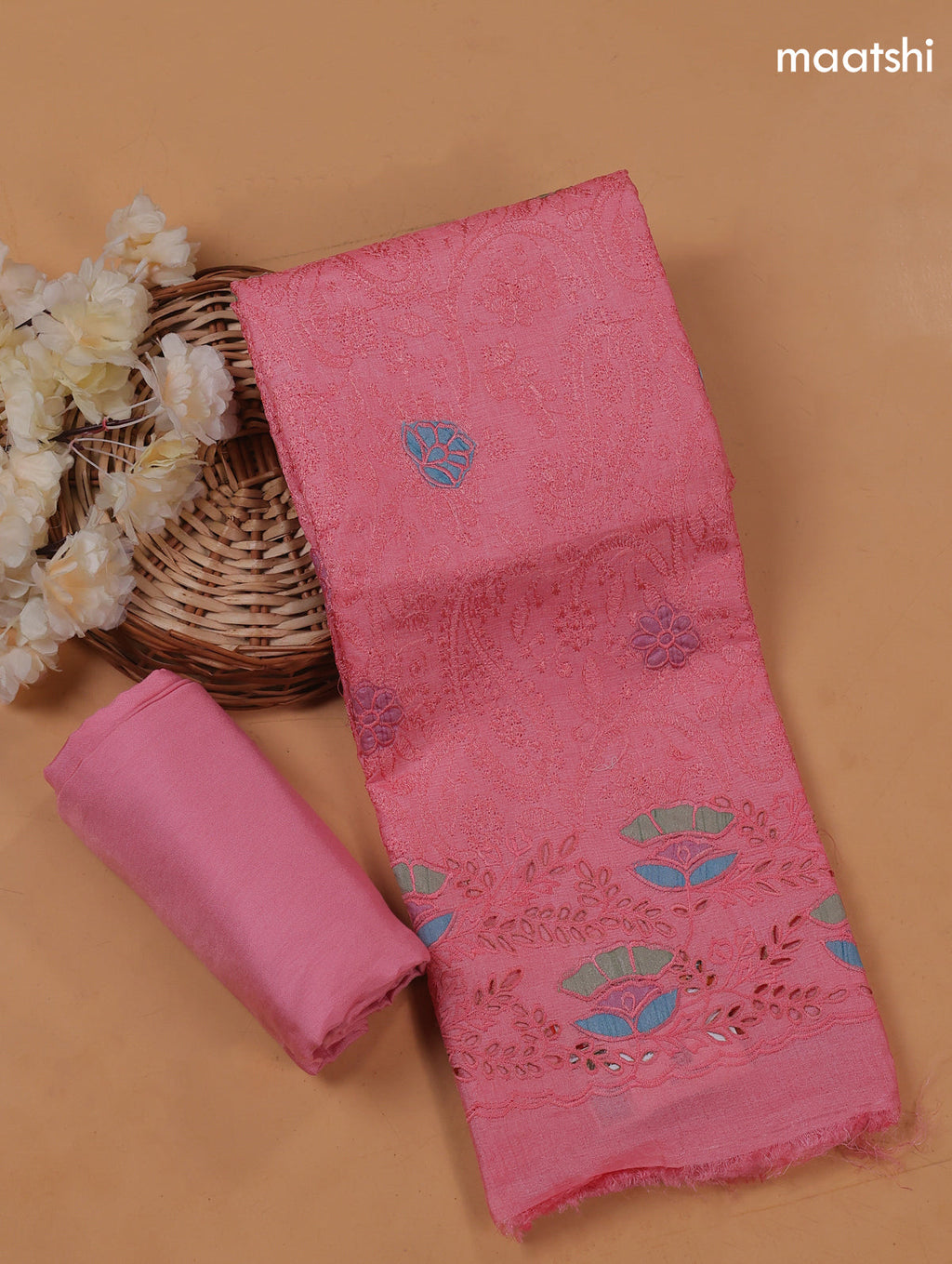 Peach Pink Pure Tussar Dress Material With Floral Embroidery Work Pattern
