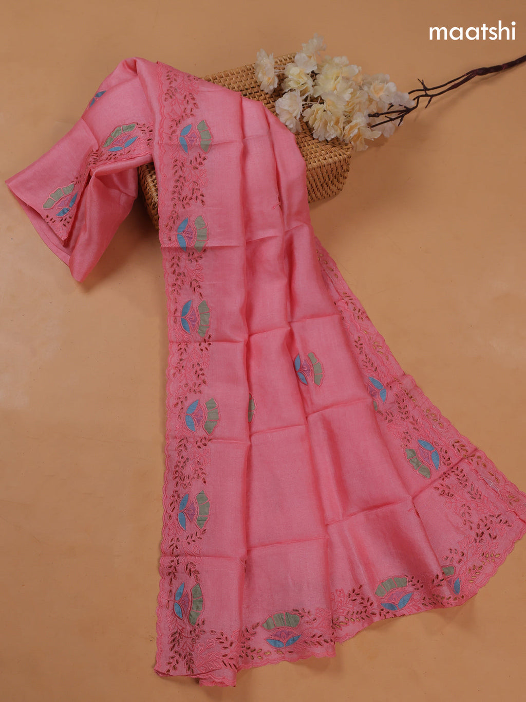 Peach Pink Pure Tussar Dress Material With Floral Embroidery Work Pattern