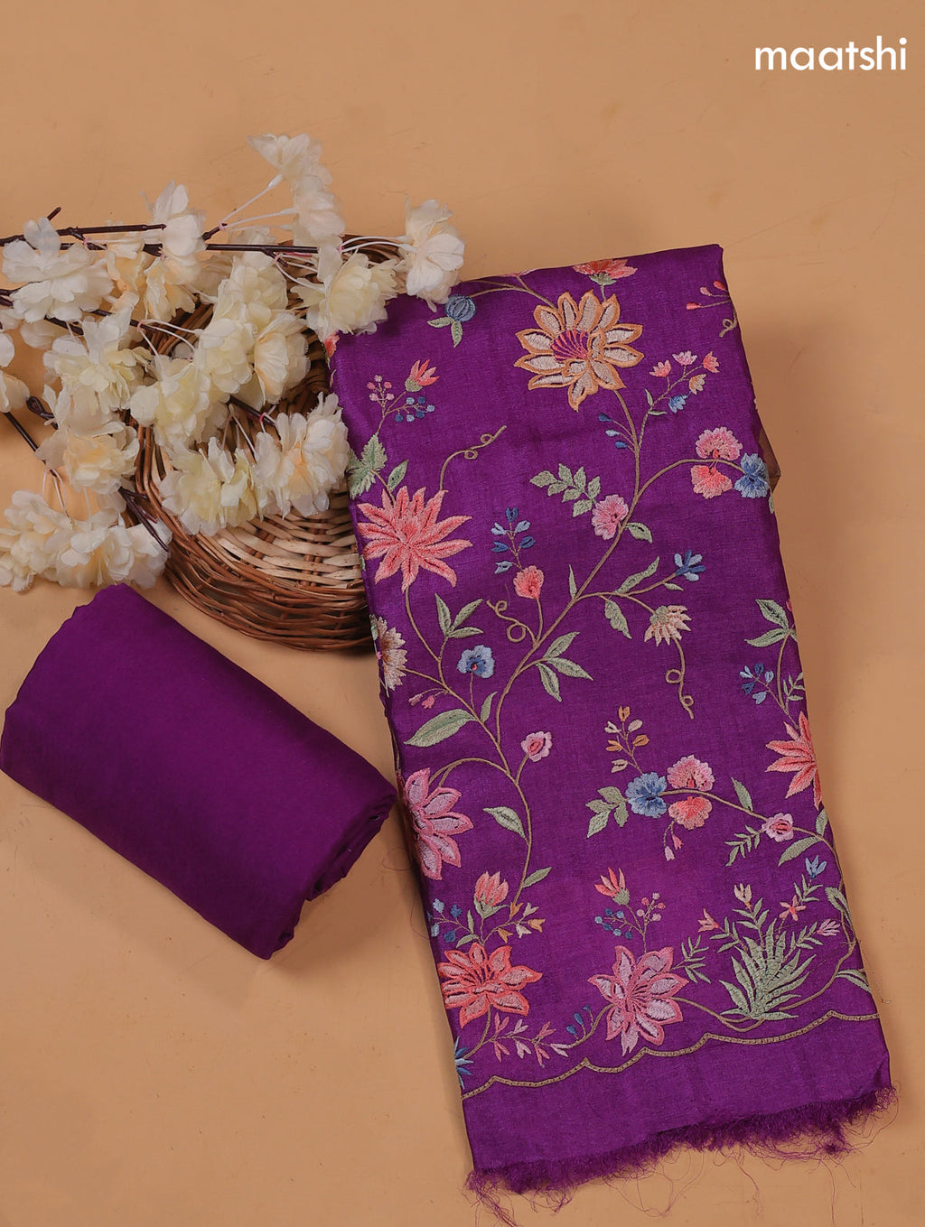 Violet Pure Tussar Dress Material With Floral Embroidery Work Pattern