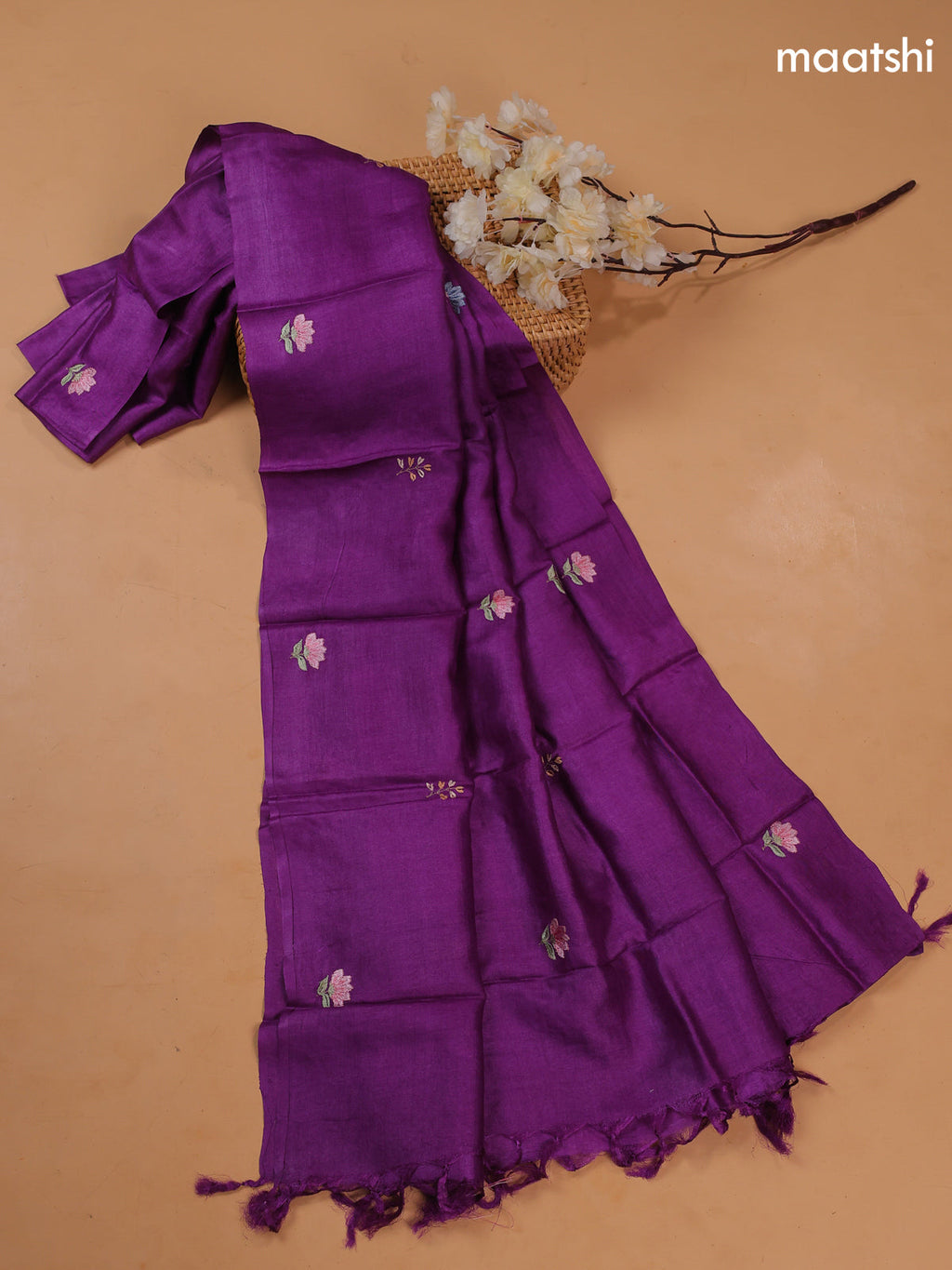 Violet Pure Tussar Dress Material With Floral Embroidery Work Pattern