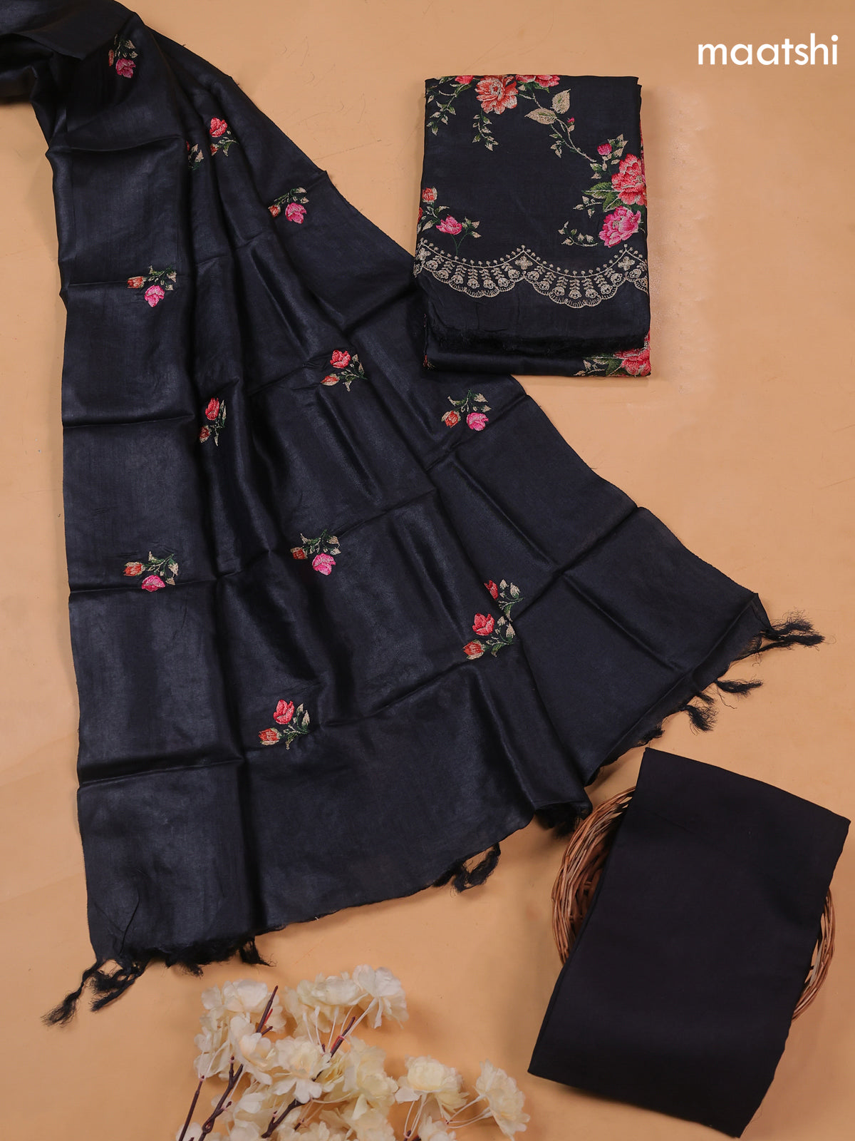 Black Pure Tussar Dress Material With Floral Embroidery Work Pattern