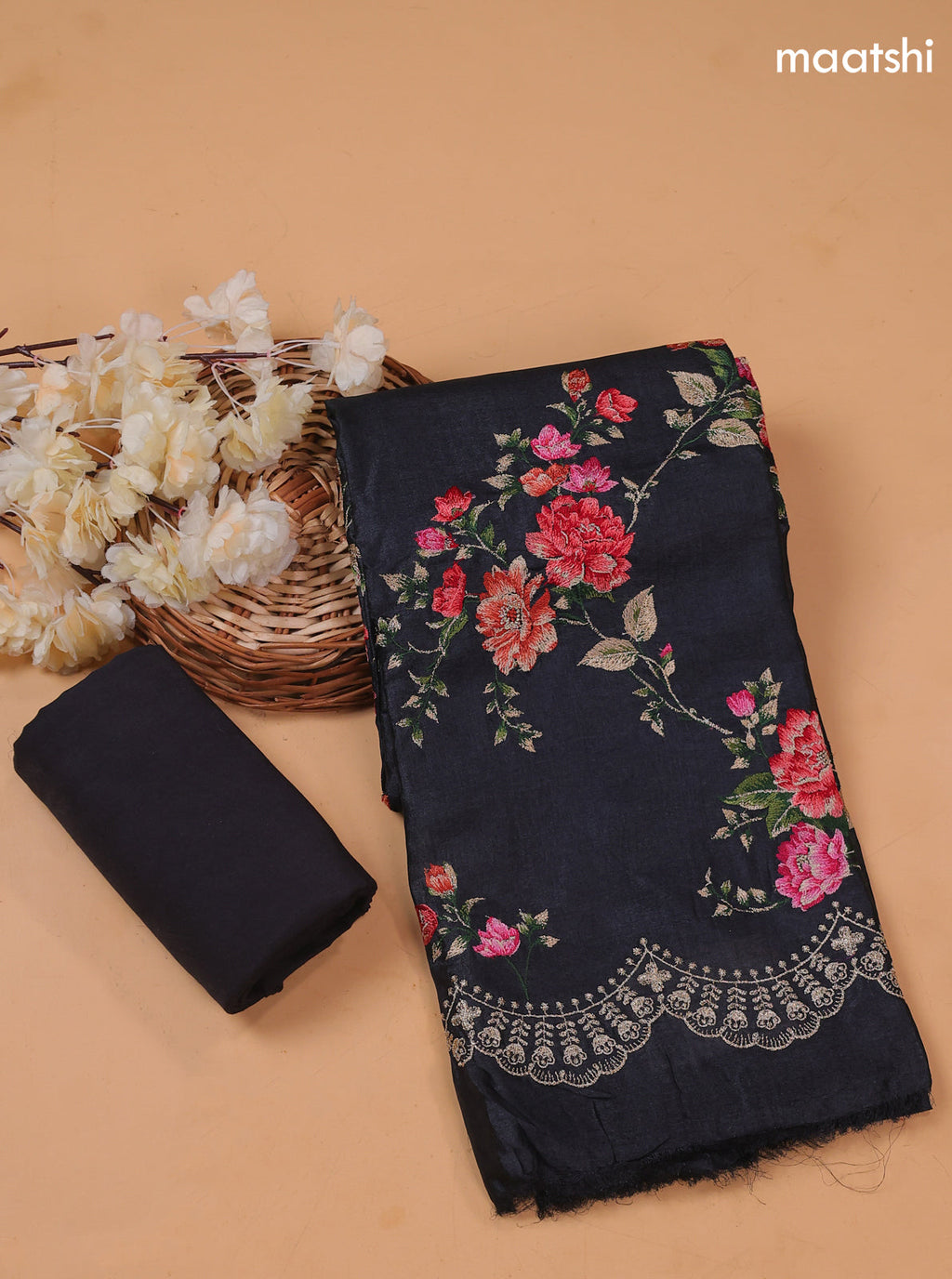 Black Pure Tussar Dress Material With Floral Embroidery Work Pattern