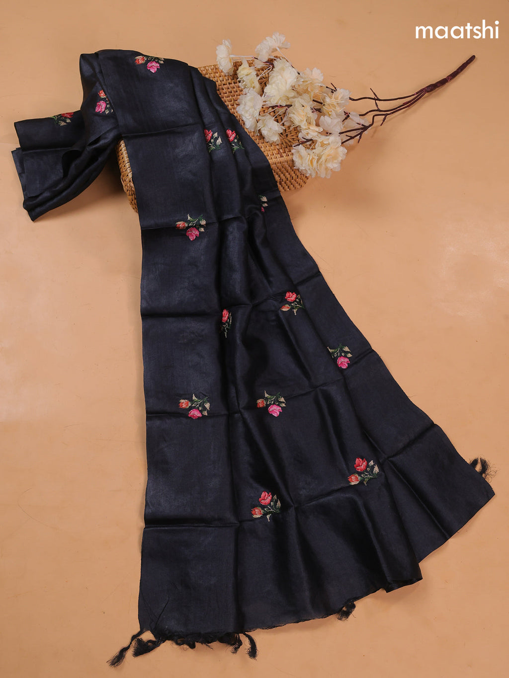Black Pure Tussar Dress Material With Floral Embroidery Work Pattern