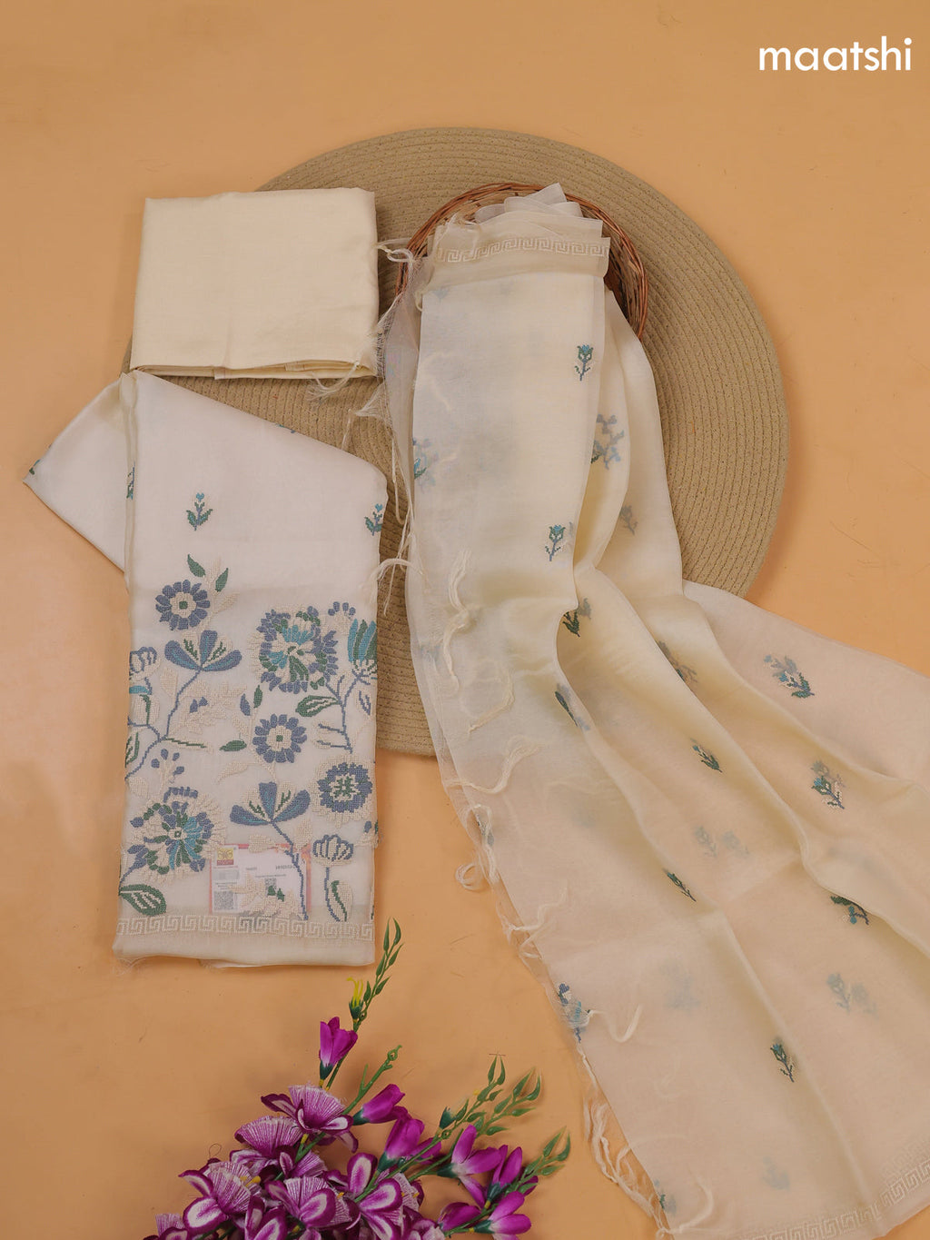Off White Organza Dress Material With Embroidery Work Pattern and Bottom & Dupatta