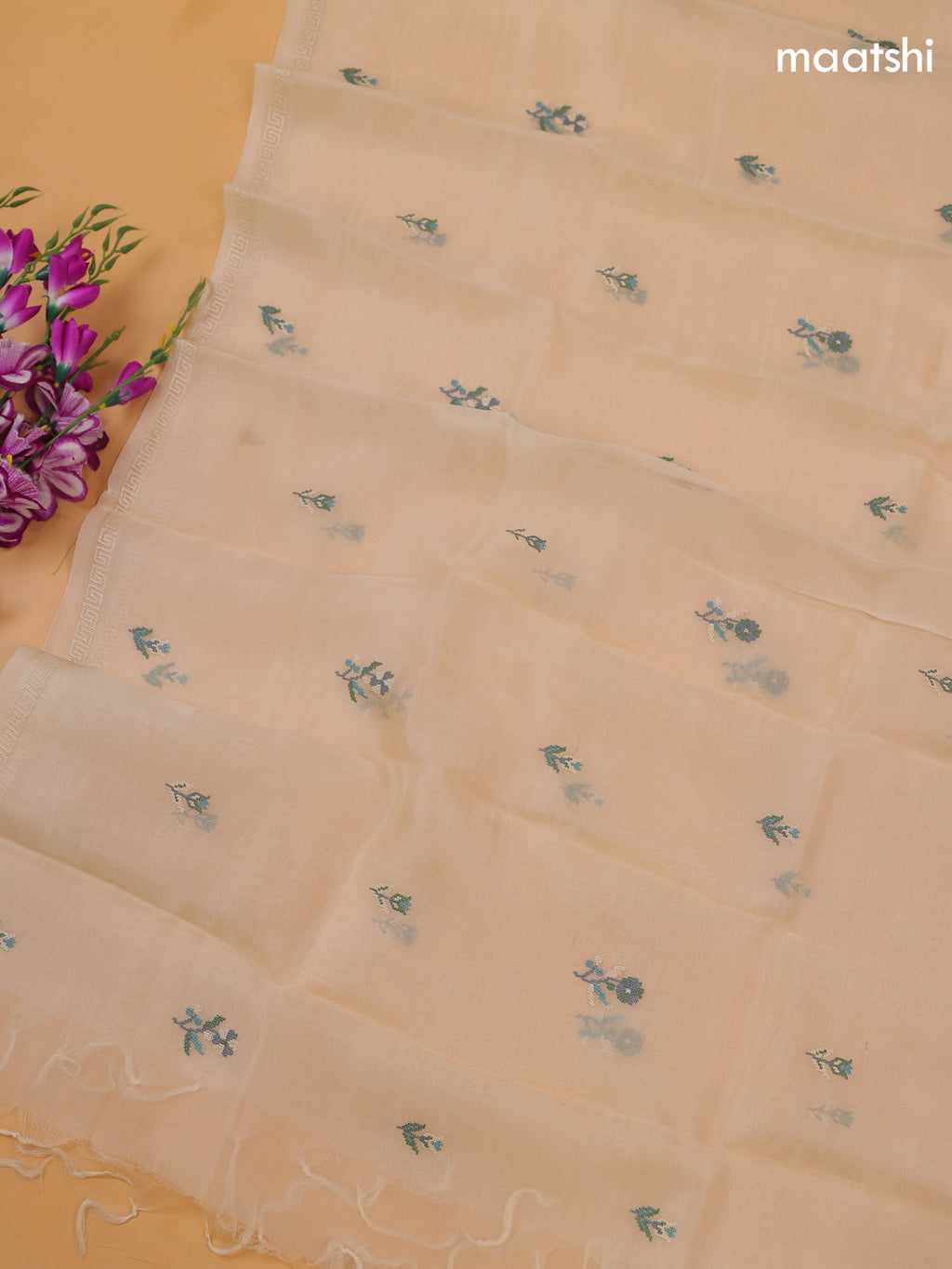 Off White Organza Dress Material With Embroidery Work Pattern and Bottom & Dupatta