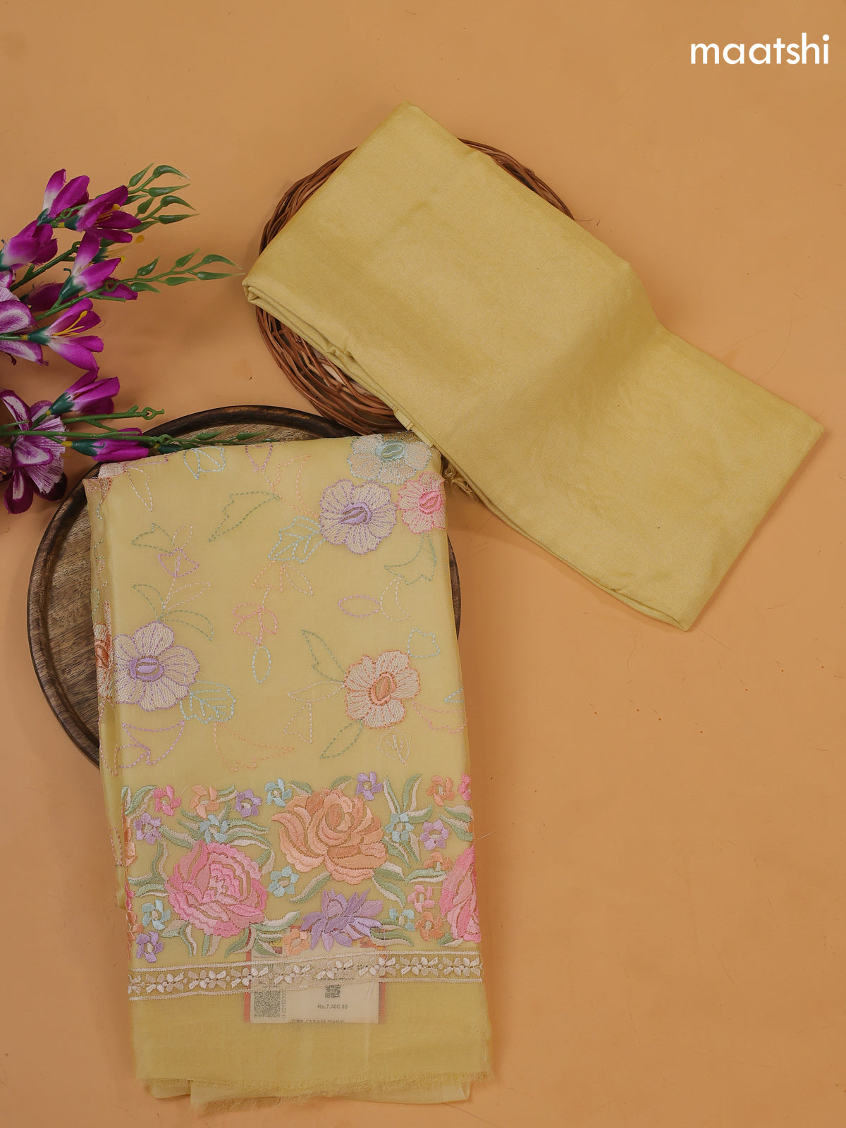 Pale Yellow Organza Dress Material With Embroidery Work Pattern and Bottom & Dupatta