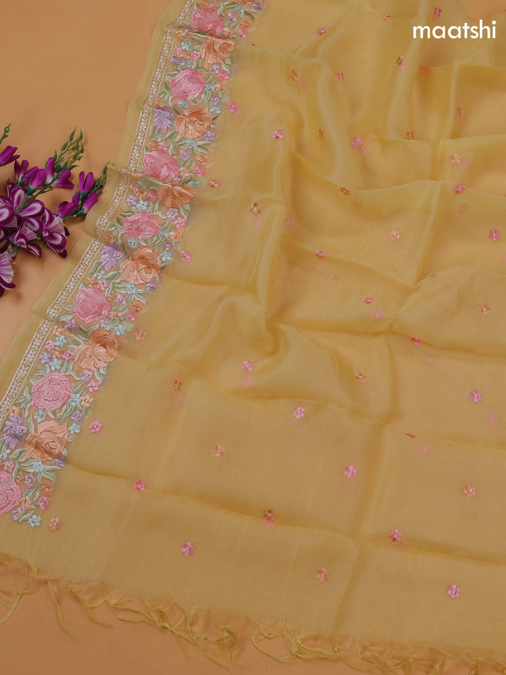Pale Yellow Organza Dress Material With Embroidery Work Pattern and Bottom & Dupatta