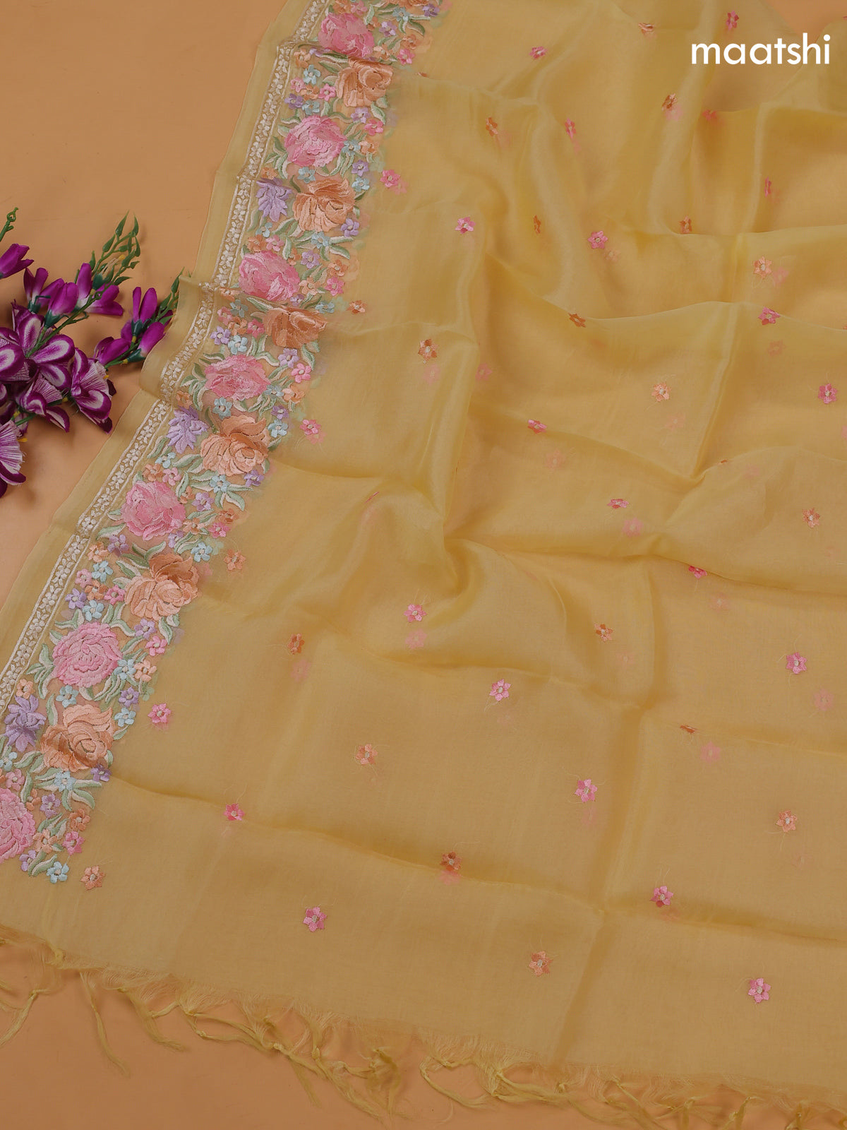 Pale Yellow Organza Dress Material With Embroidery Work Pattern and Bottom & Dupatta