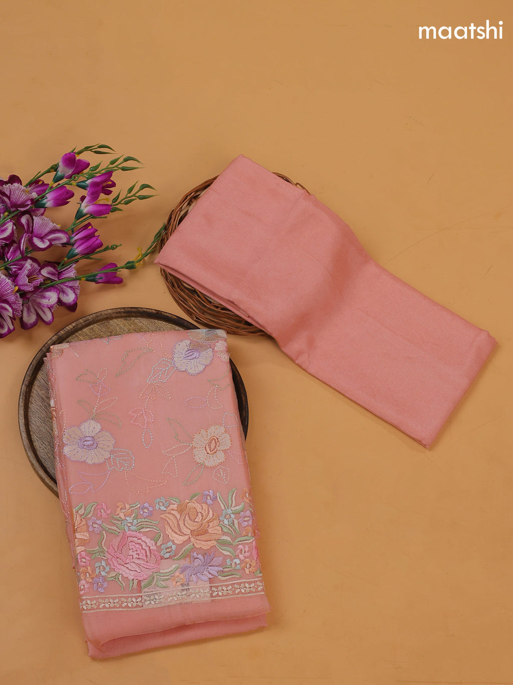 Peach Pink Organza Dress Material With Embroidery Work Pattern and Bottom & Dupatta