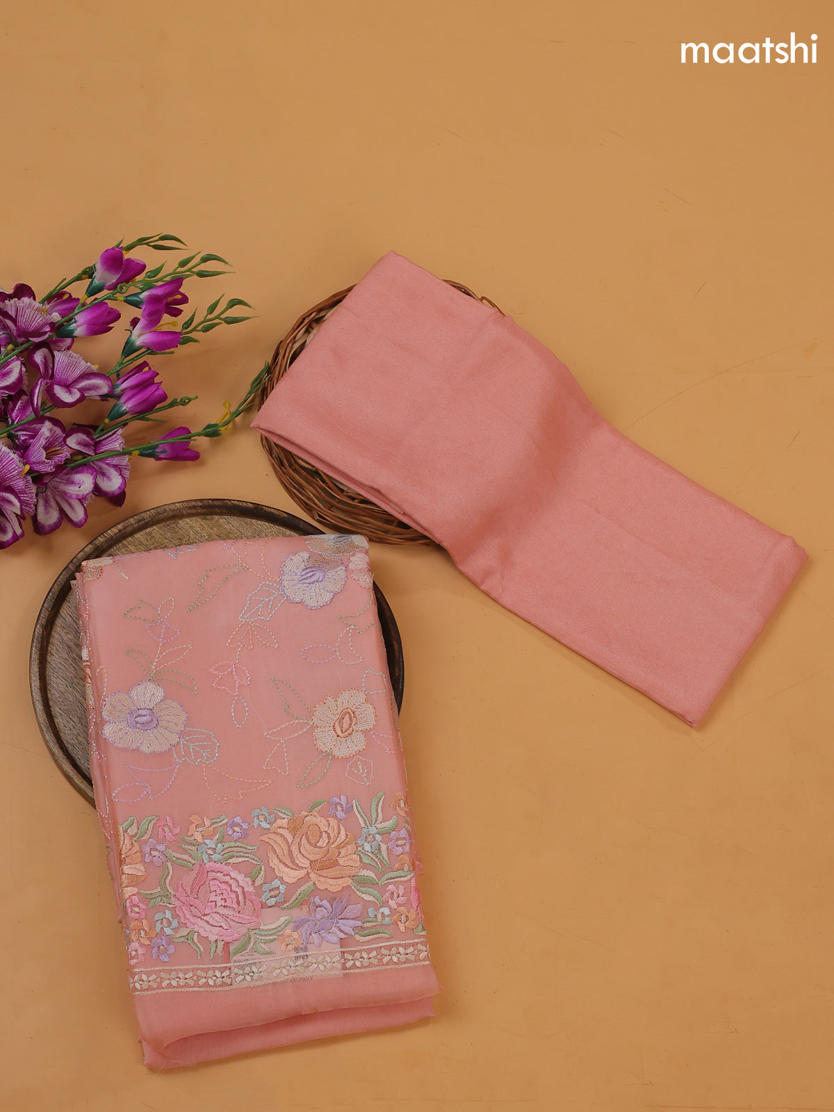 Peach Pink Organza Dress Material With Embroidery Work Pattern and Bottom & Dupatta