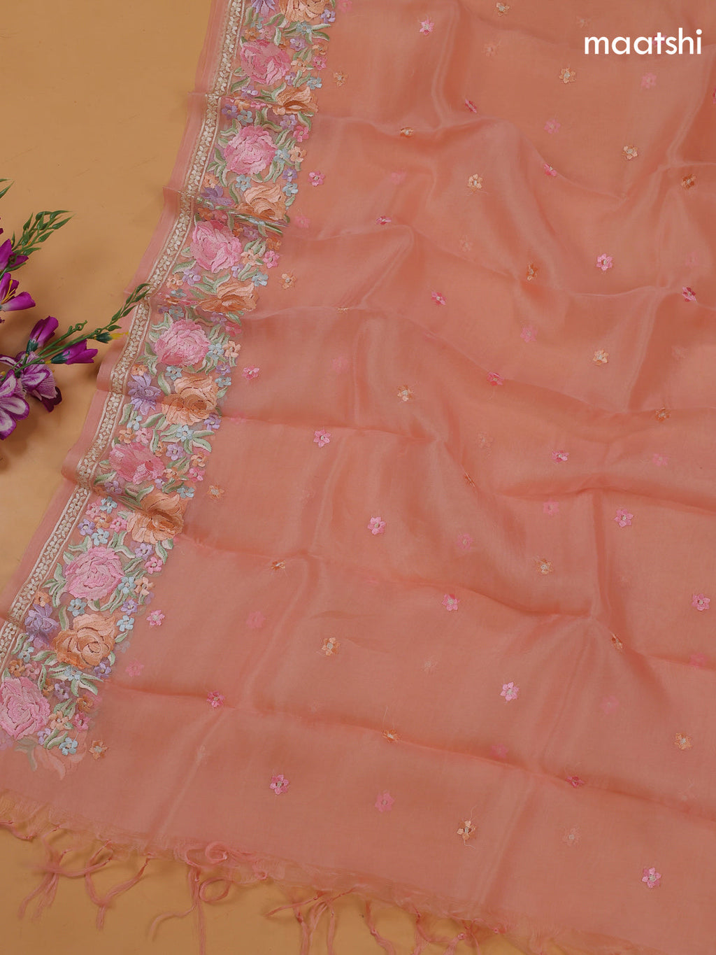Peach Pink Organza Dress Material With Embroidery Work Pattern and Bottom & Dupatta