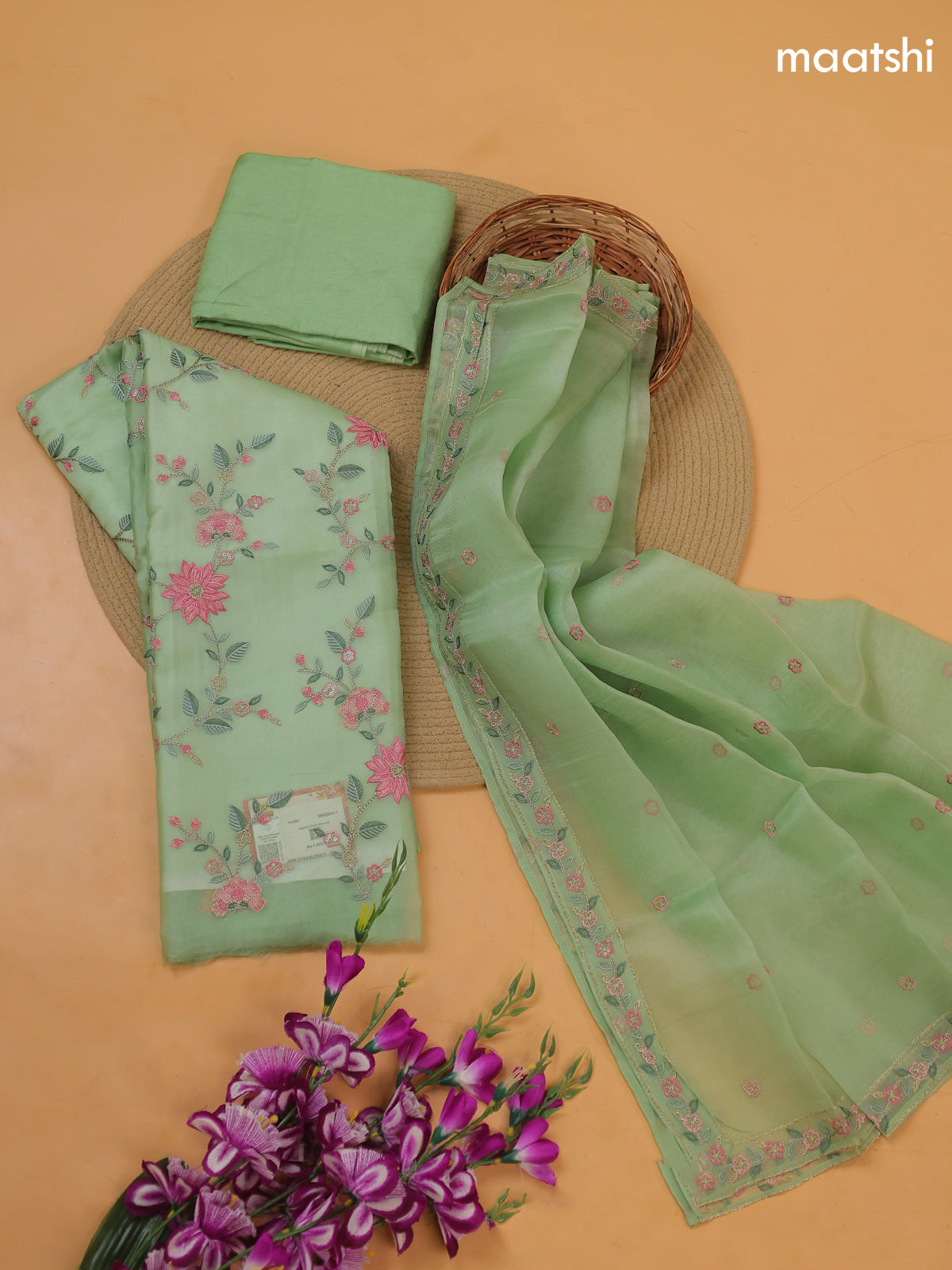 Pastel Green Organza Dress Material With Floral Embroidery Work Pattern and Bottom & Dupatta