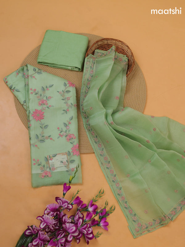 Pastel Green Organza Dress Material With Floral Embroidery Work Pattern and Bottom & Dupatta