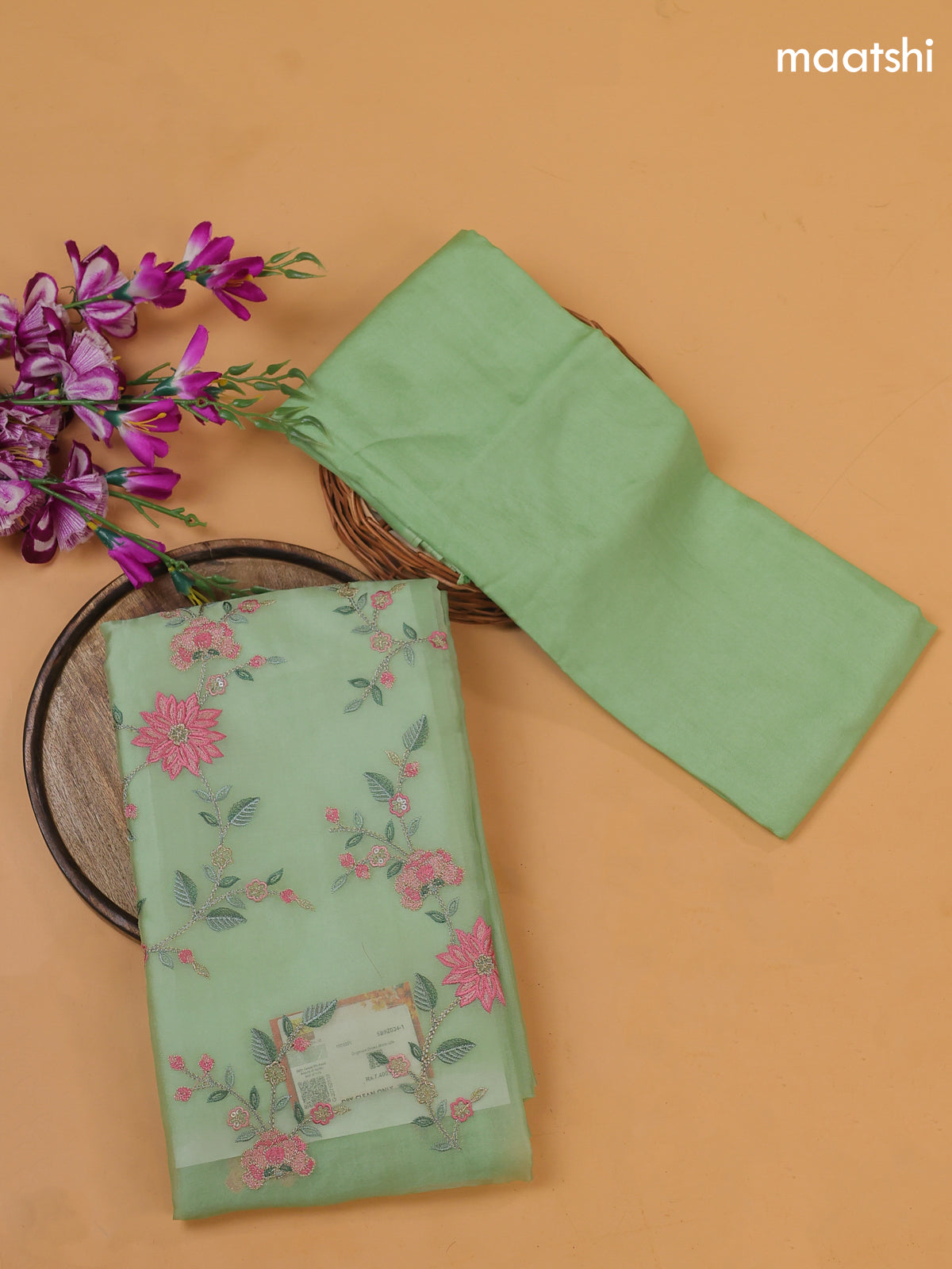 Pastel Green Organza Dress Material With Floral Embroidery Work Pattern and Bottom & Dupatta
