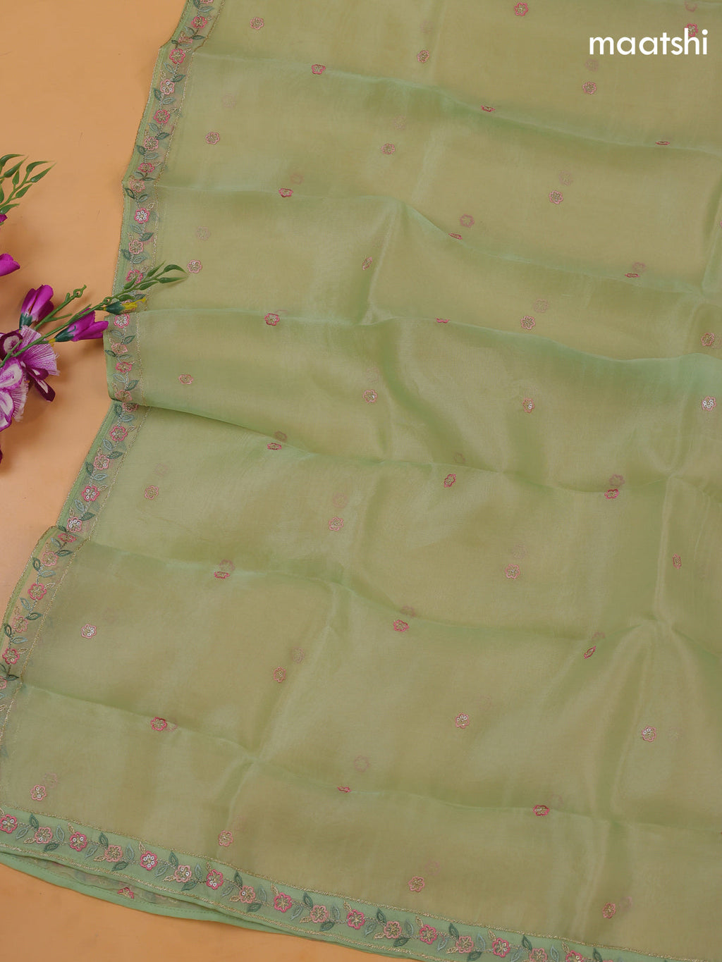 Pastel Green Organza Dress Material With Floral Embroidery Work Pattern and Bottom & Dupatta