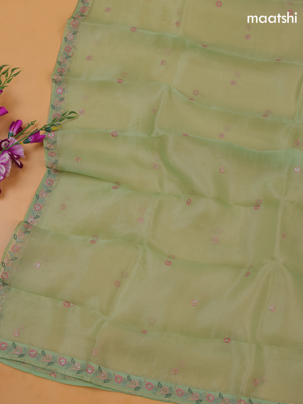 Pastel Green Organza Dress Material With Floral Embroidery Work Pattern and Bottom & Dupatta