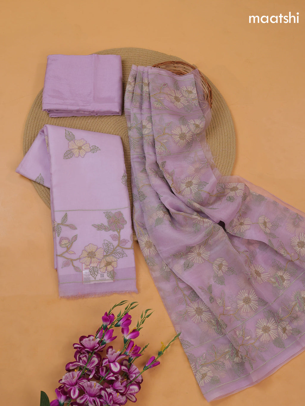 Lavender Organza Dress Material With Floral Embroidery Work Pattern and Bottom & Dupatta