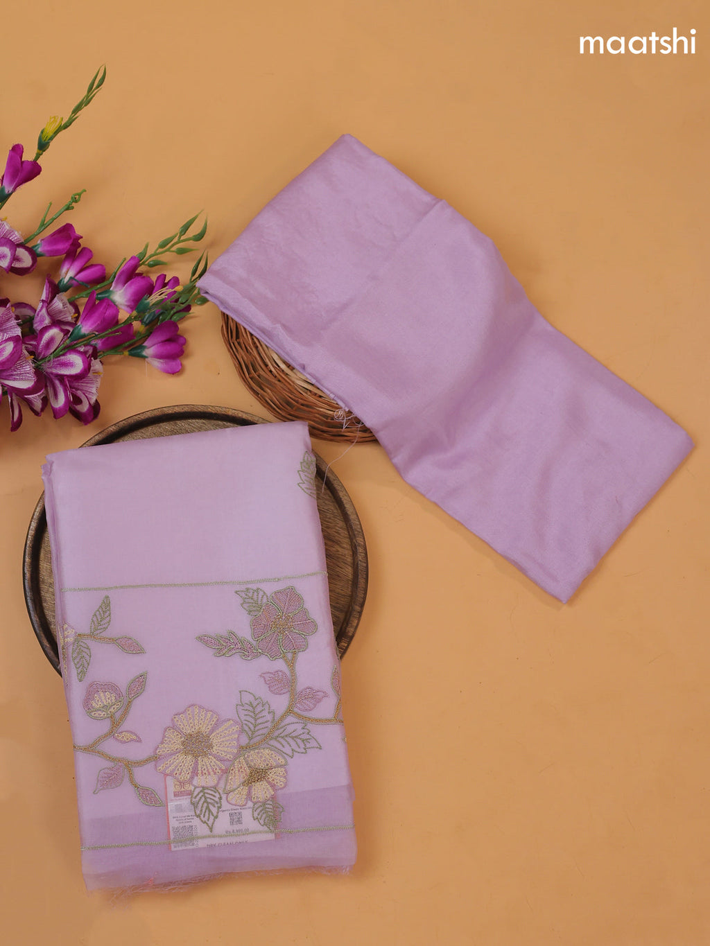 Lavender Organza Dress Material With Floral Embroidery Work Pattern and Bottom & Dupatta