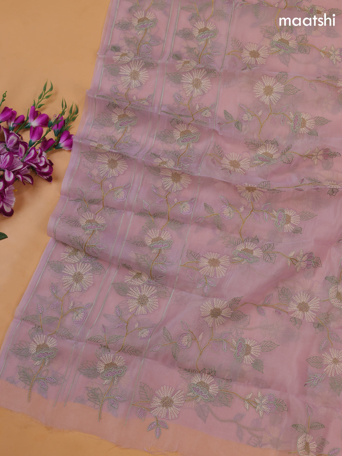 Lavender Organza Dress Material With Floral Embroidery Work Pattern and Bottom & Dupatta