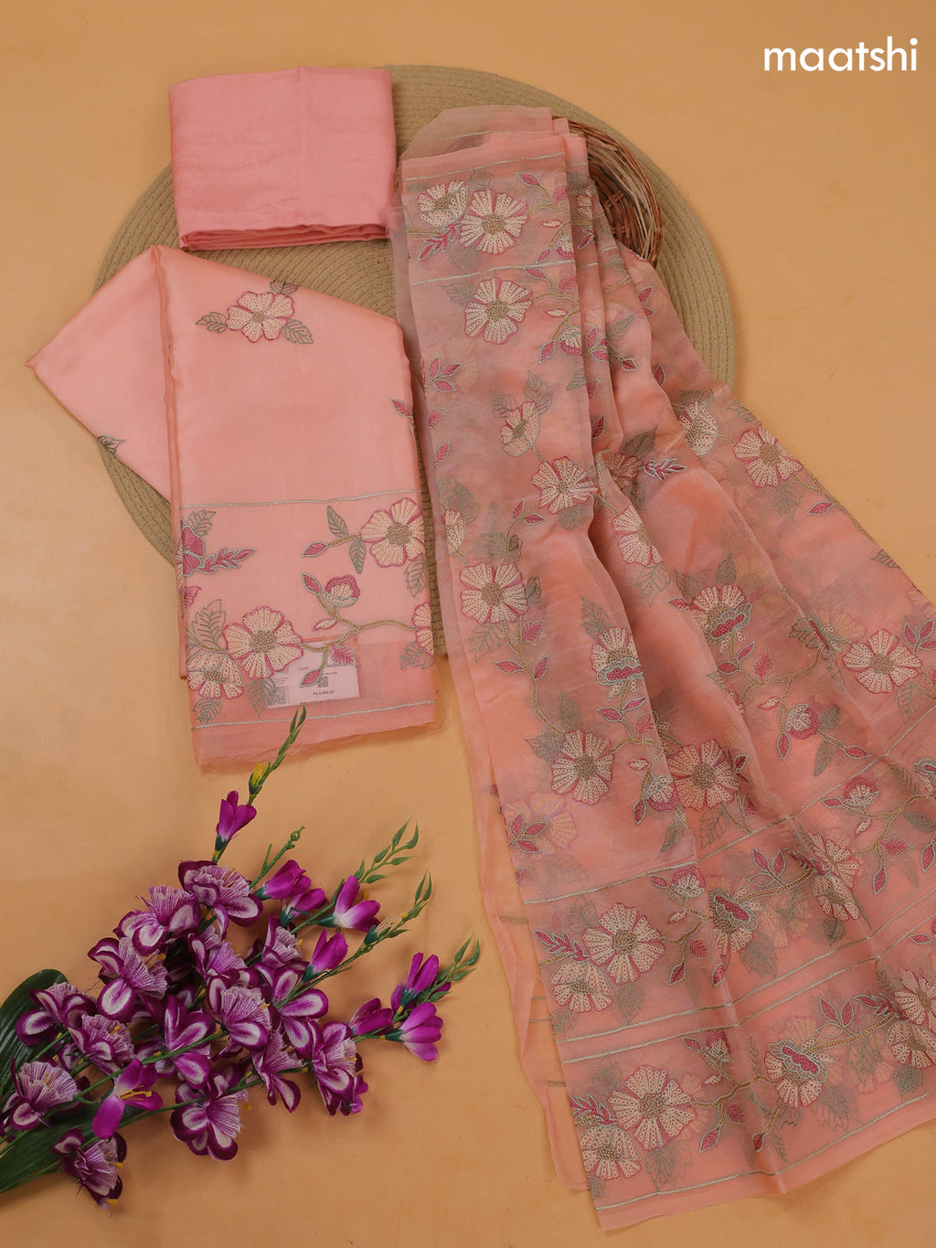 Peach Organza Dress Material With Floral Embroidery Work Pattern and Bottom & Dupatta