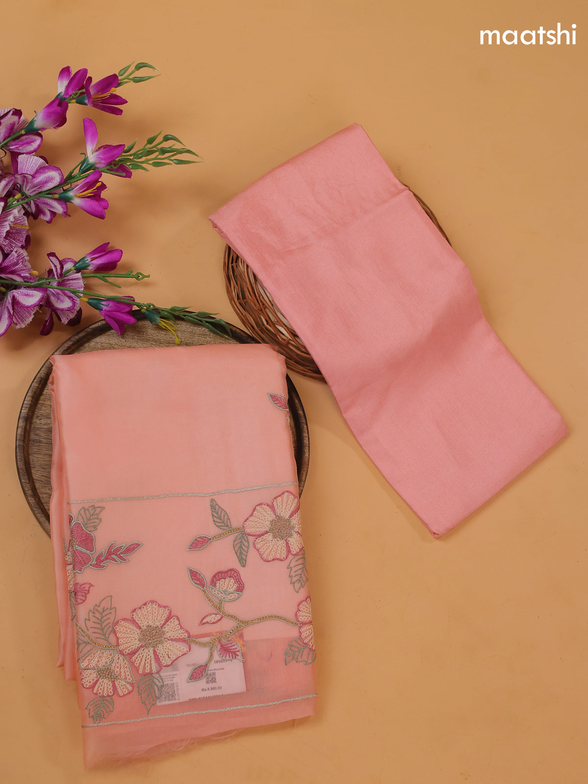 Peach Organza Dress Material With Floral Embroidery Work Pattern and Bottom & Dupatta