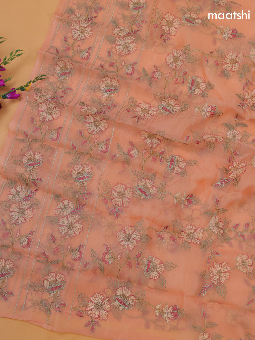 Peach Organza Dress Material With Floral Embroidery Work Pattern and Bottom & Dupatta