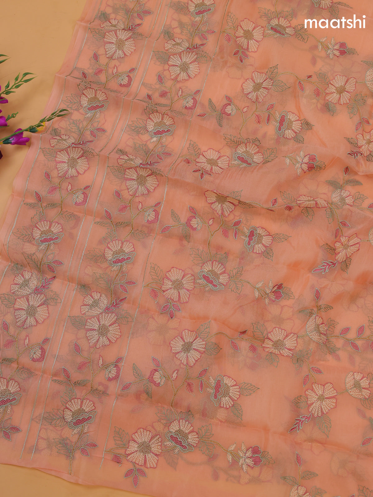 Peach Organza Dress Material With Floral Embroidery Work Pattern and Bottom & Dupatta