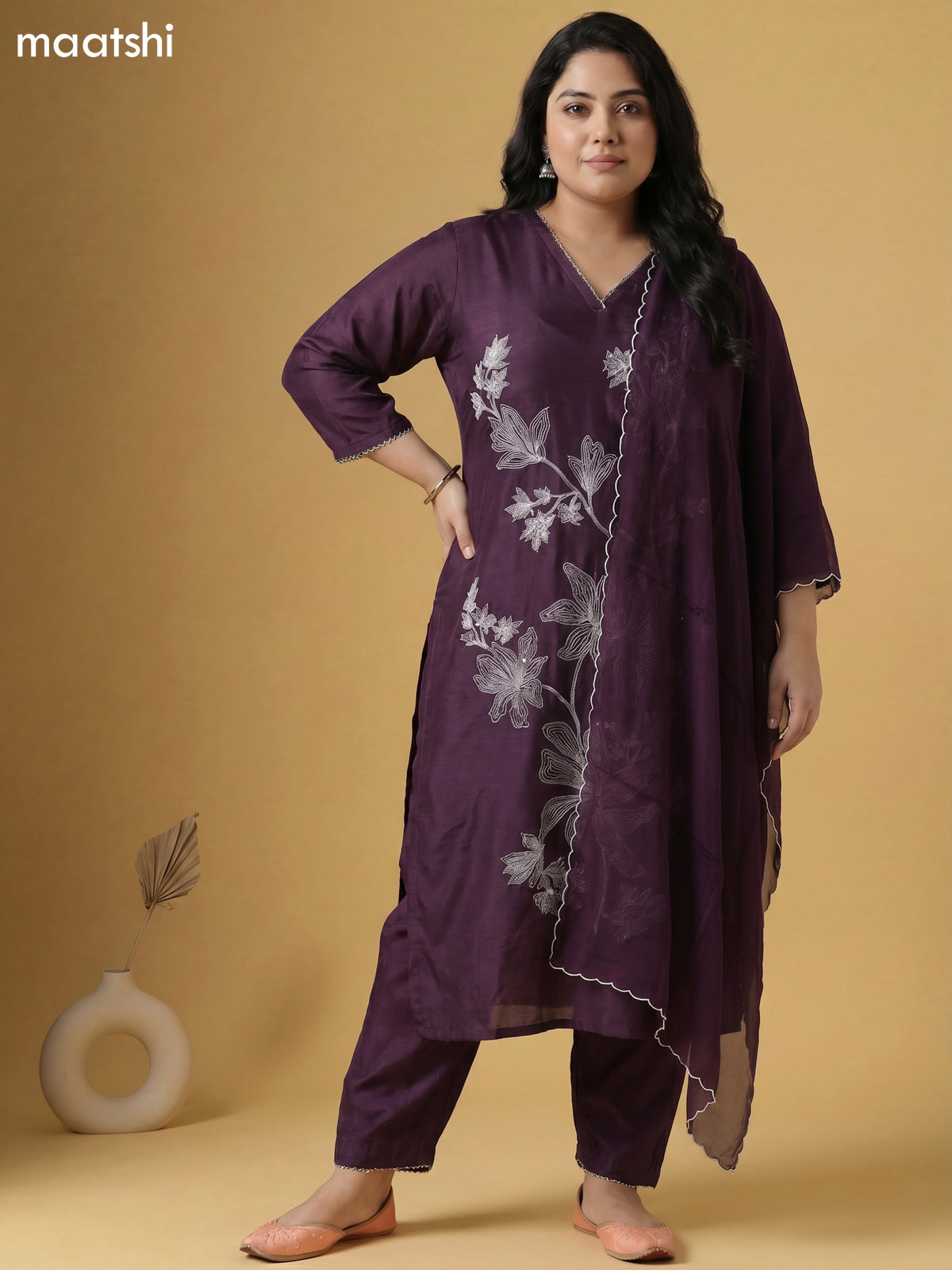Jamun Shade Art Tussar Embroidery Work Straight Suit