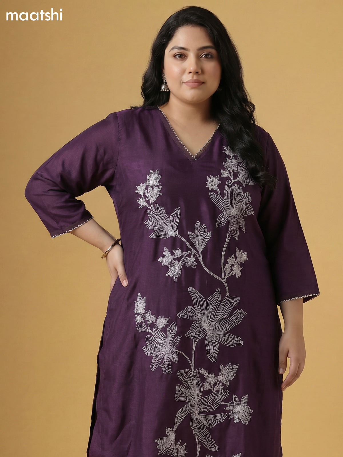 Jamun Shade Art Tussar Embroidery Work Straight Suit