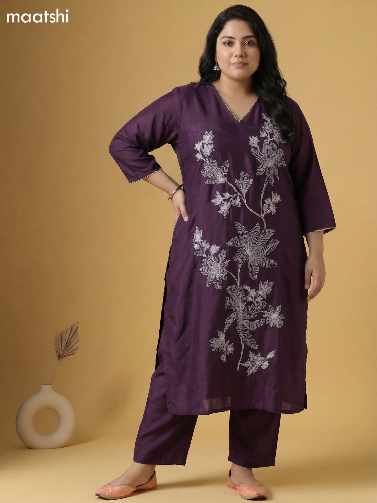 Jamun Shade Art Tussar Embroidery Work Straight Suit