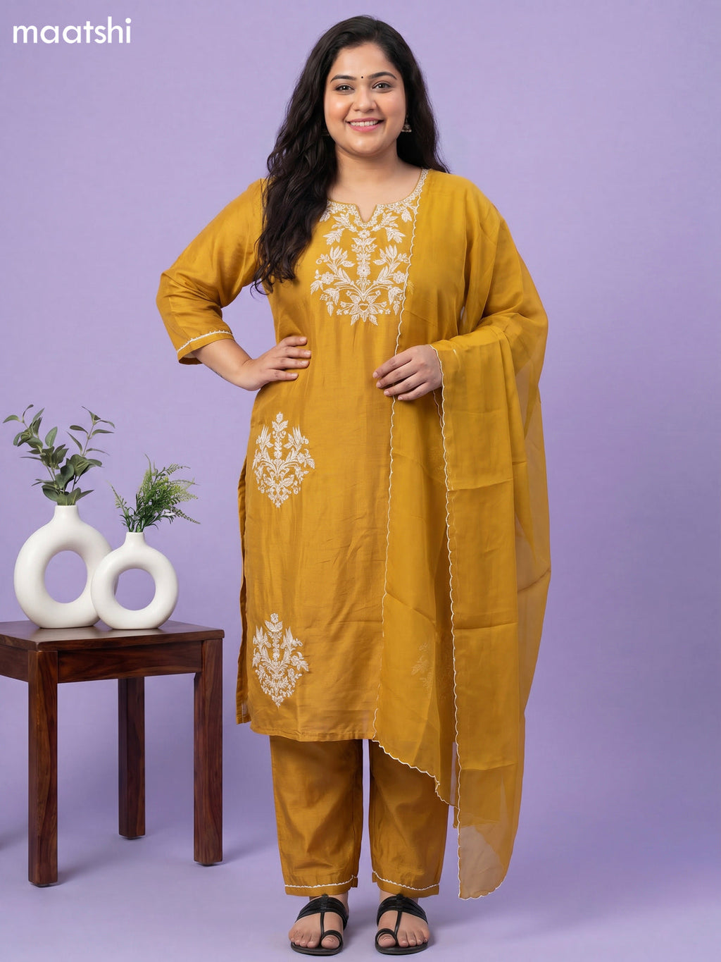 Mustard Yellow Art Tussar Embroidery Work Straight Suit