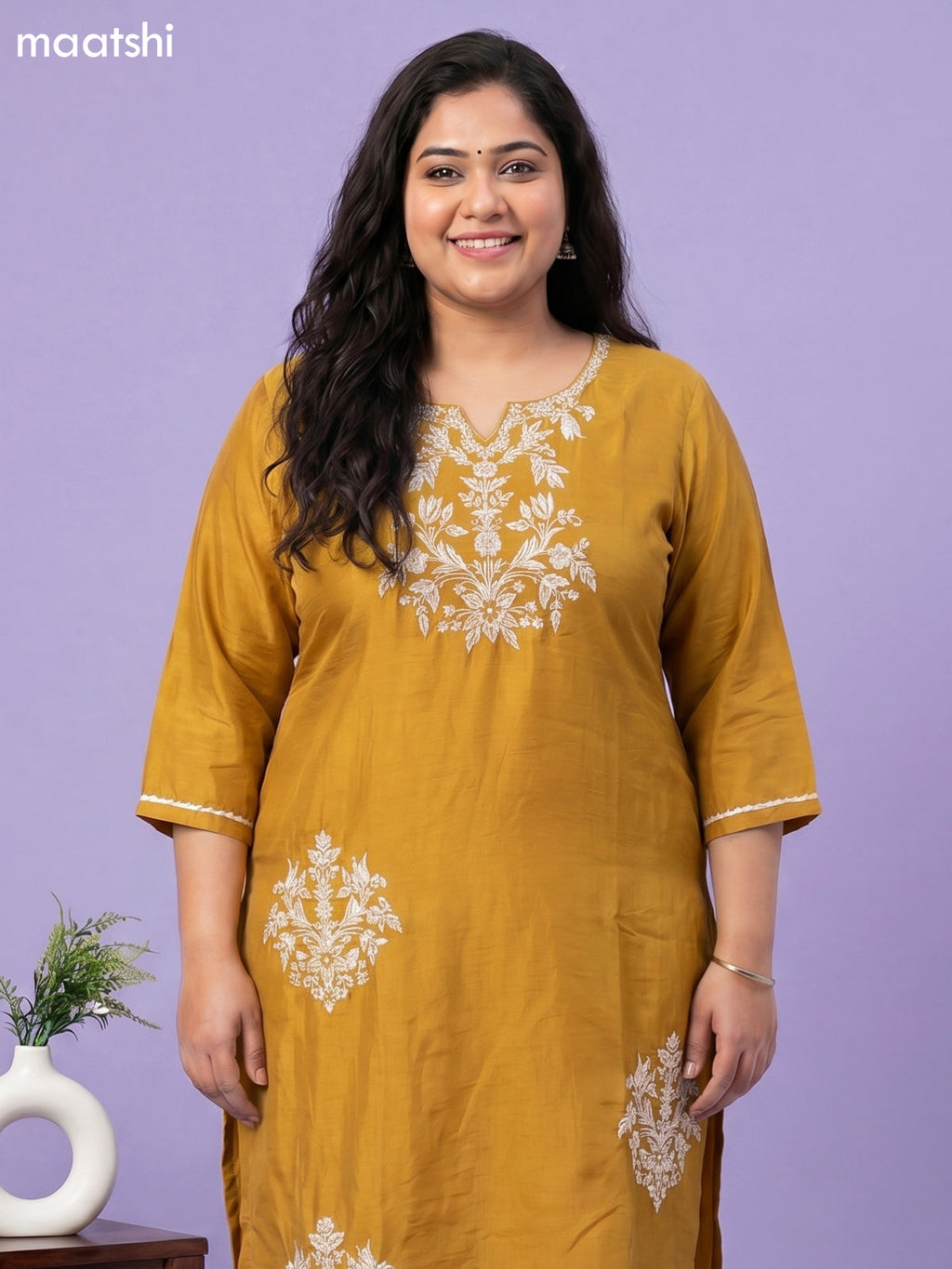 Mustard Yellow Art Tussar Embroidery Work Straight Suit