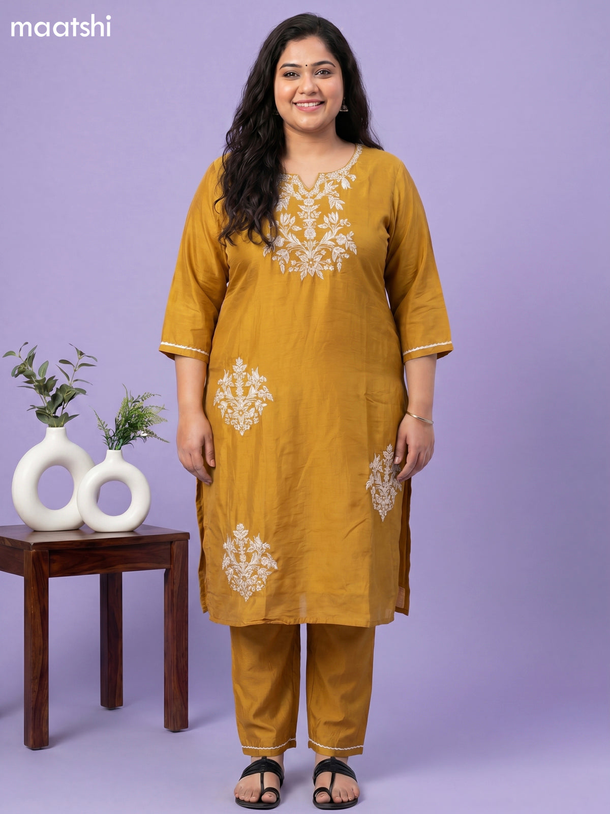 Mustard Yellow Art Tussar Embroidery Work Straight Suit
